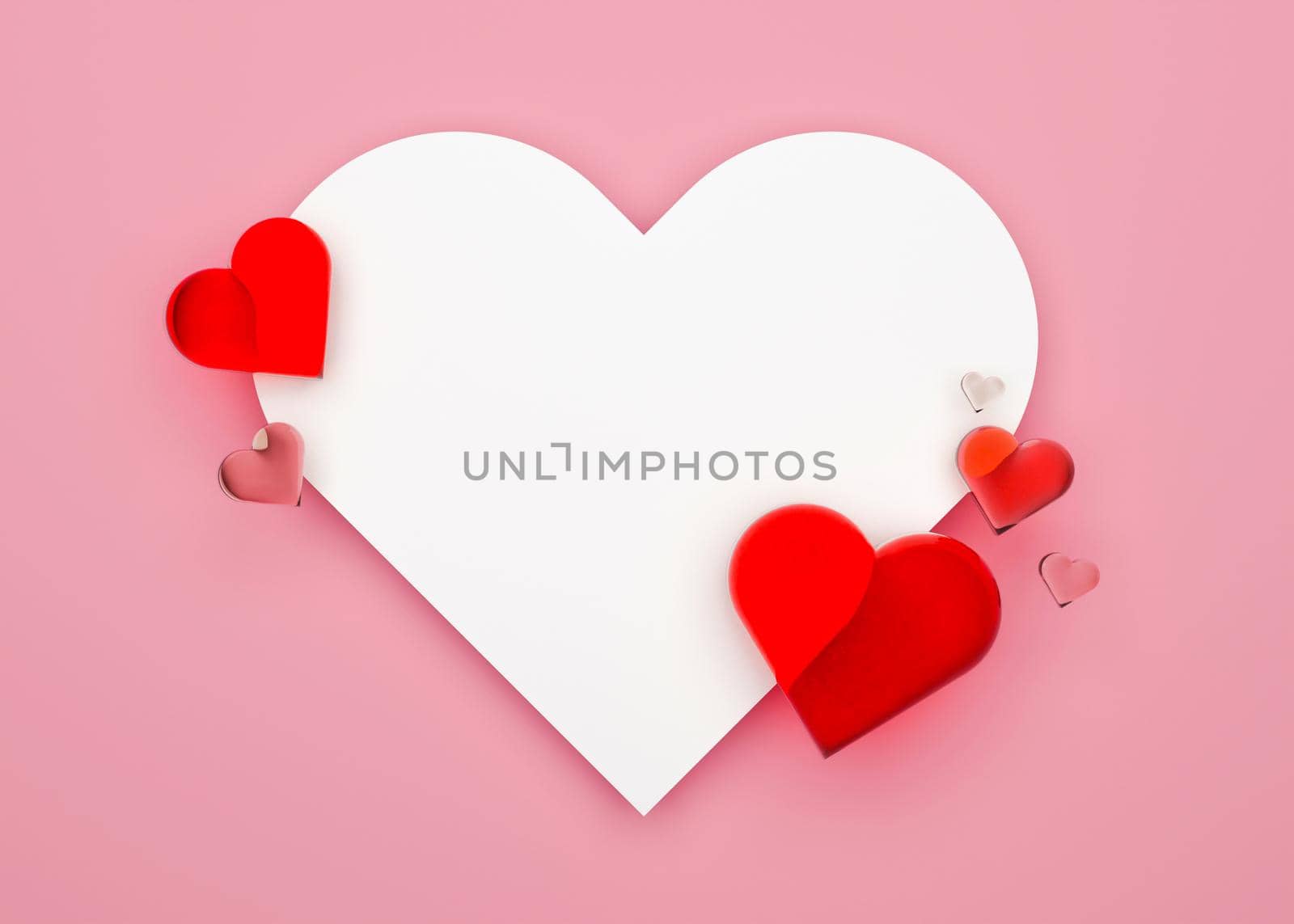 Valentine's Day background with free space for text, copy space. Postcard, greeting card design with hearts. 3D illustration. Love