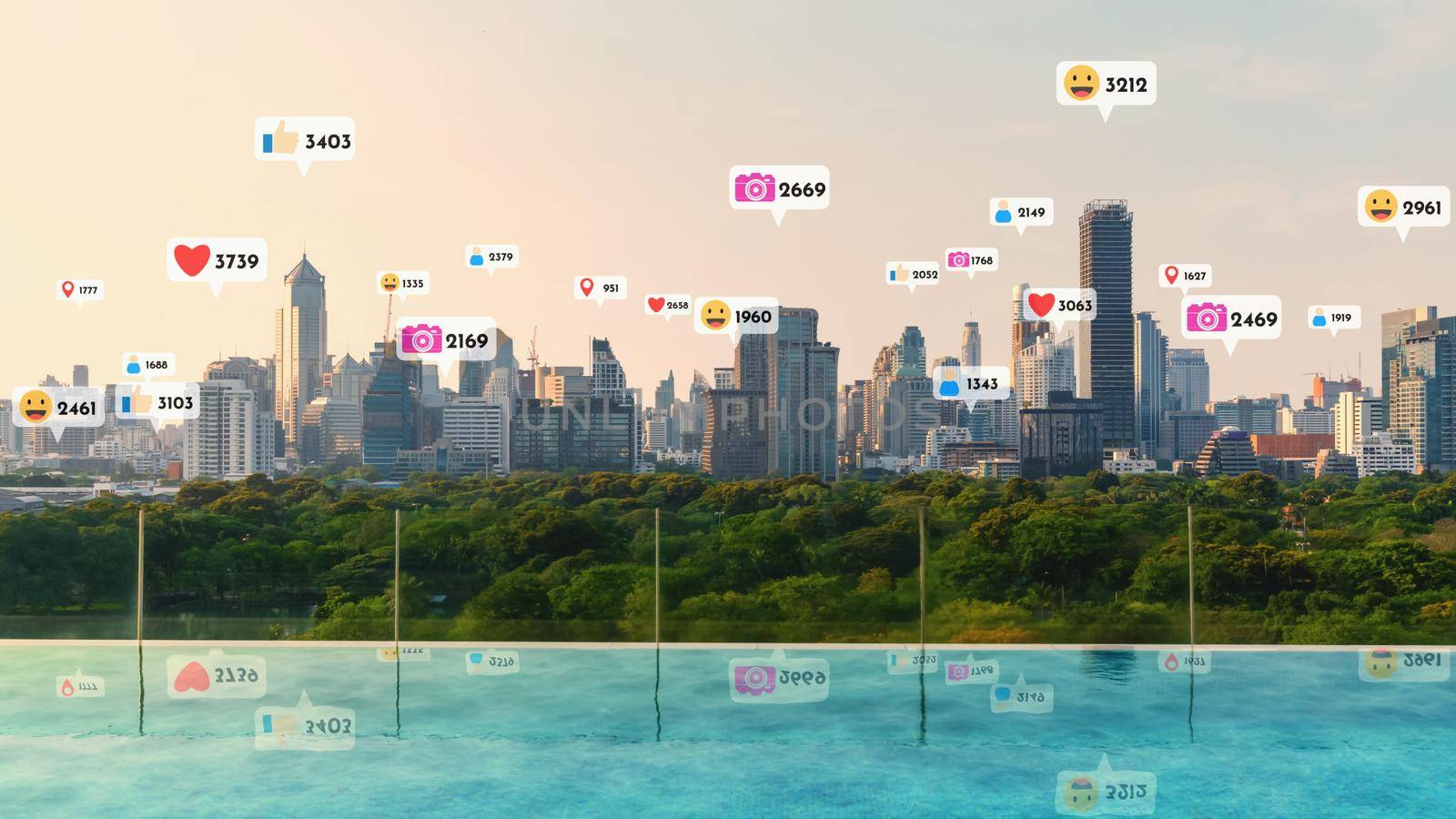 Social media icons fly over city downtown showing people reciprocity connection through social network application platform . Concept for online community and social media marketing strategy .