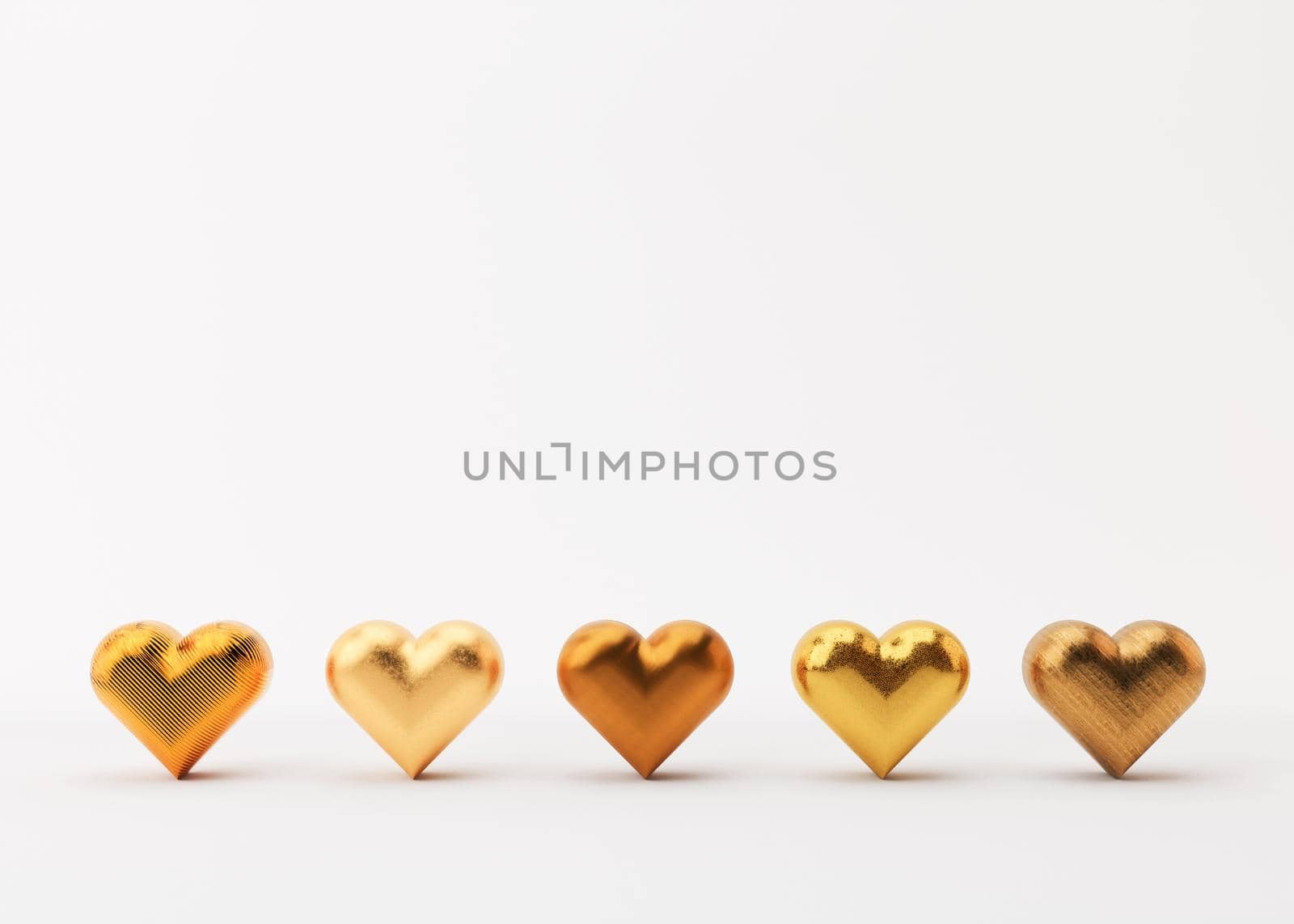 Golden hearts on white background. Valentine's Day backdrop with free space for text, copy space. Postcard, greeting card design. 3D illustration. Love. by creativebird