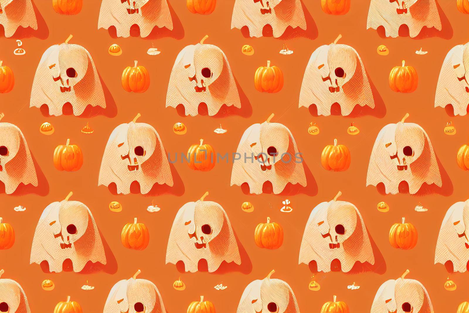 Cute spooky orange pumpkin, skeleton, bat, lollipop and candy pattern, Halloween holidays cartoon character set, Trick or treat background, painting, illustration, drawing v3