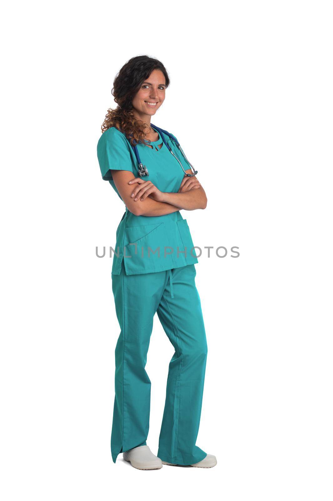 Nurse doctor woman smile with stethoscope stand with arms folded, wear blue surgery medical suit. Isolated on white background