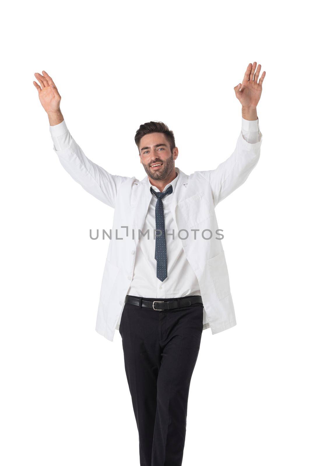 Male medical doctor with raised arms by ALotOfPeople