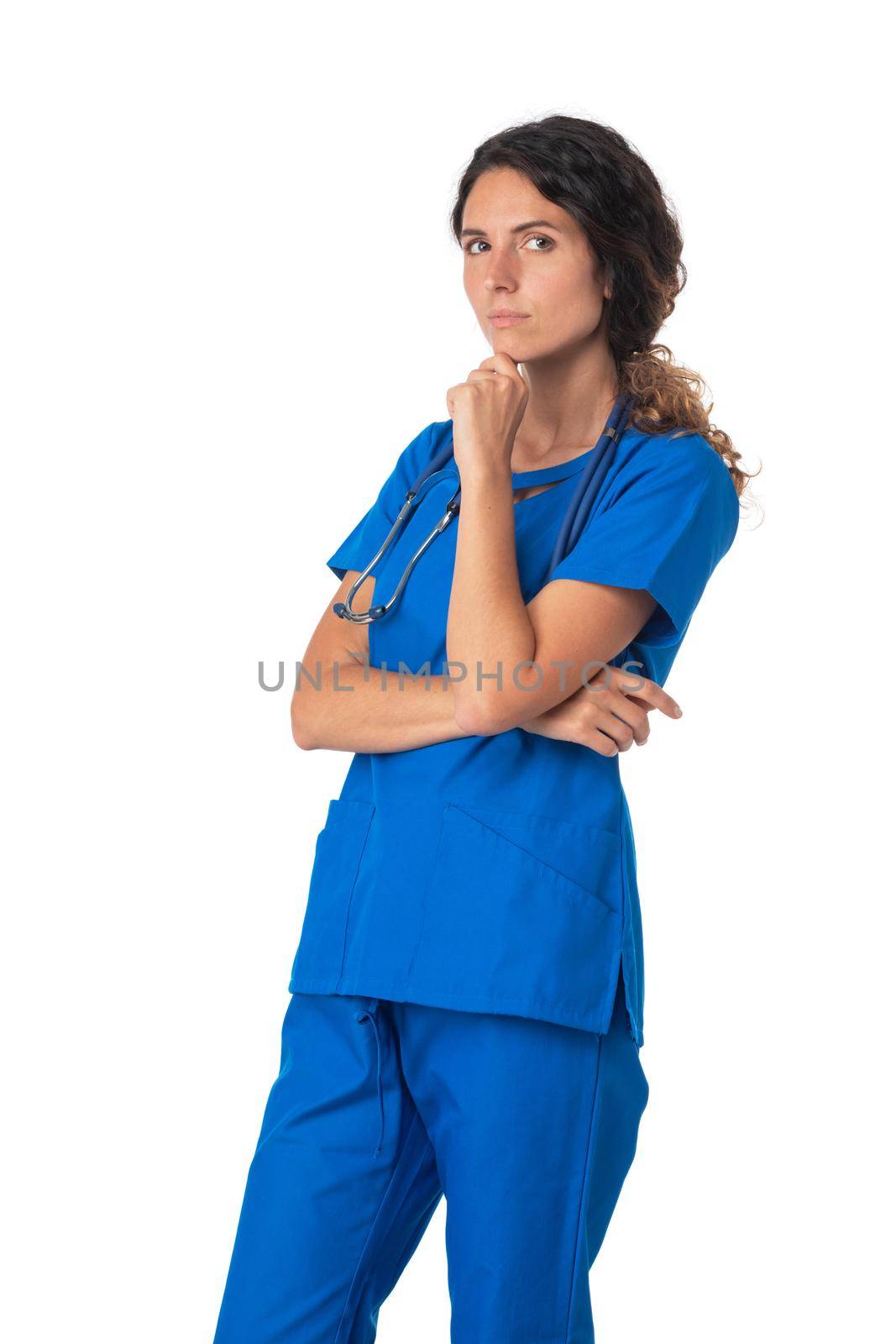 Young doctor surgeon woman over isolated white background with hand on chin thinking about question, pensive expression. Doubt concept.