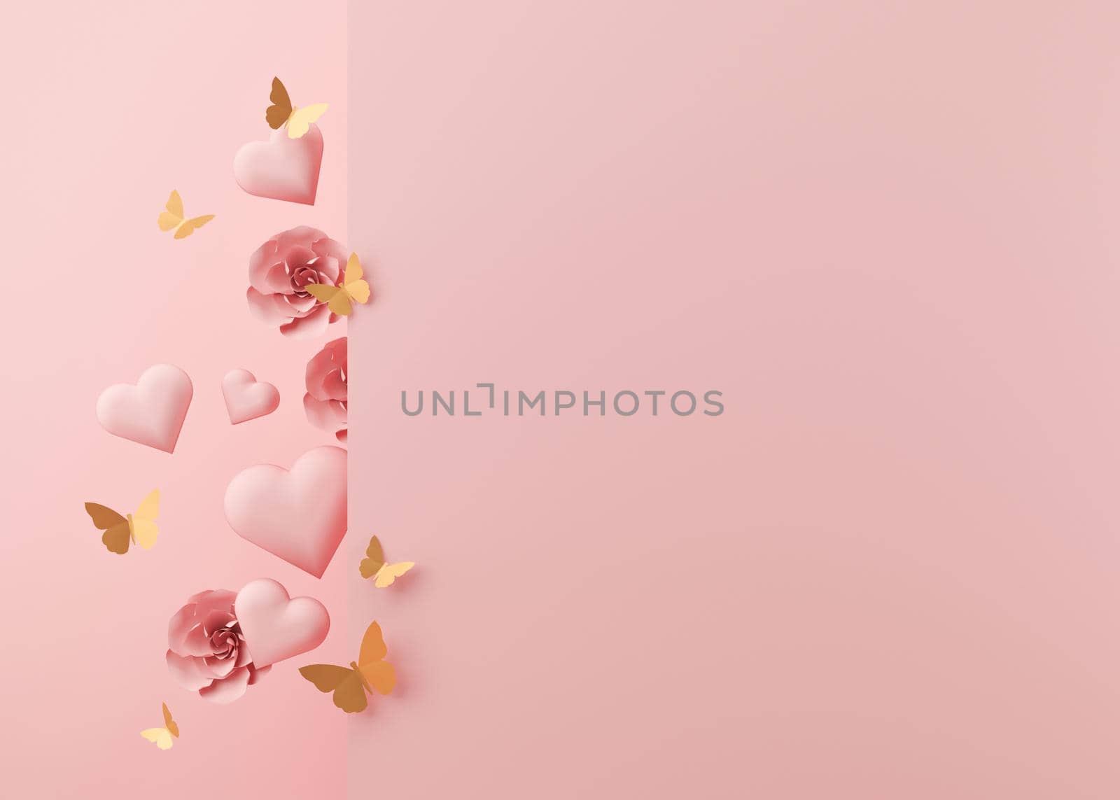 Pink hearts, flowers and golden butterflies. Women's Day, Mother's Day, Wedding, Anniversary background with free space for text, copy space. Postcard, greeting card design, template. 3D illustration