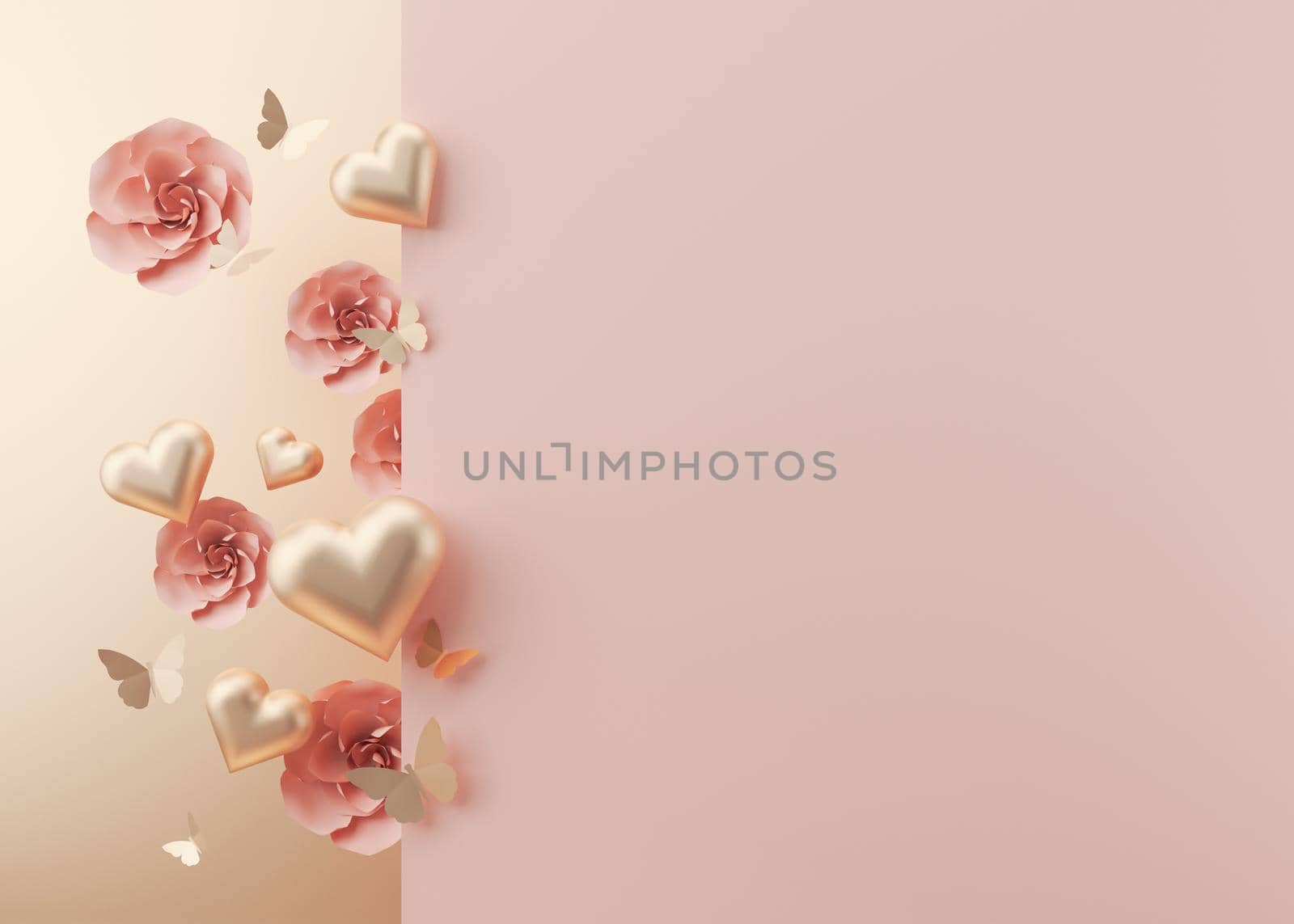 Shiny hearts, flowers and butterflies. Women's Day, Mother's Day, Wedding, Anniversary background with free space for text, copy space. Postcard, greeting card design, template. 3D illustration