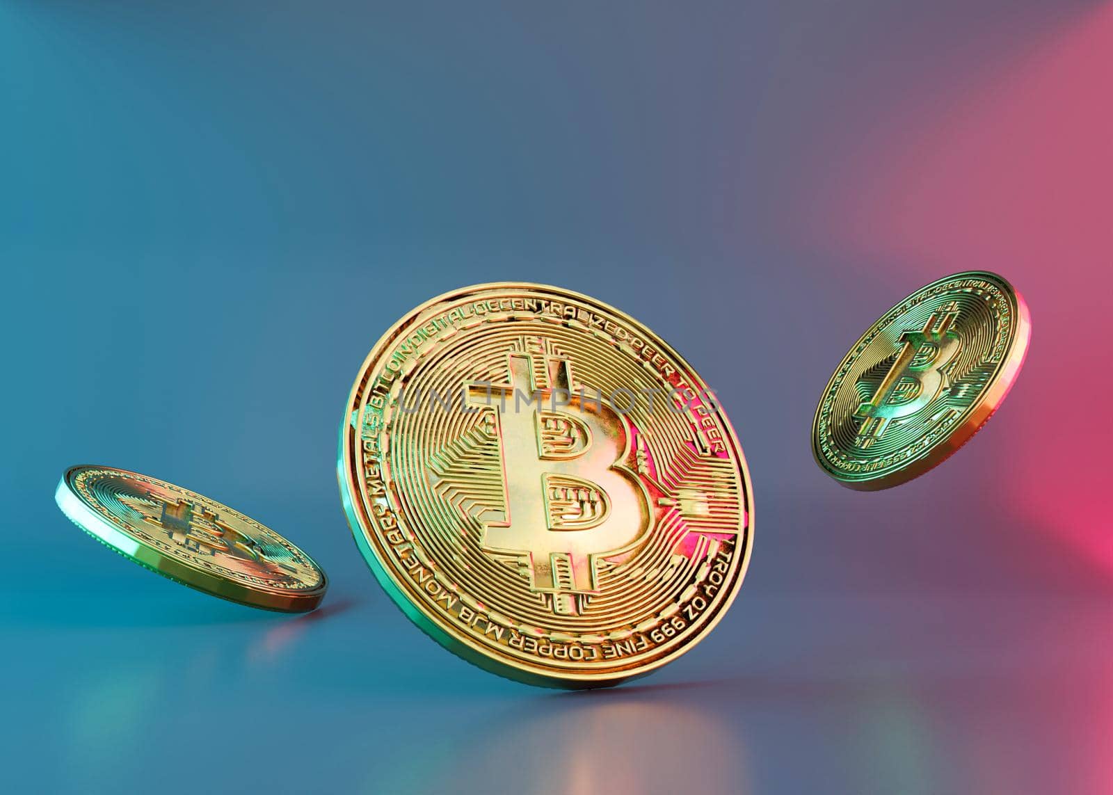 Cryptocurrency golden bitcoin coin with neon lights. Symbol of crypto currency - electronic virtual money for web banking and international network payment. Business, finance, technology. 3D render