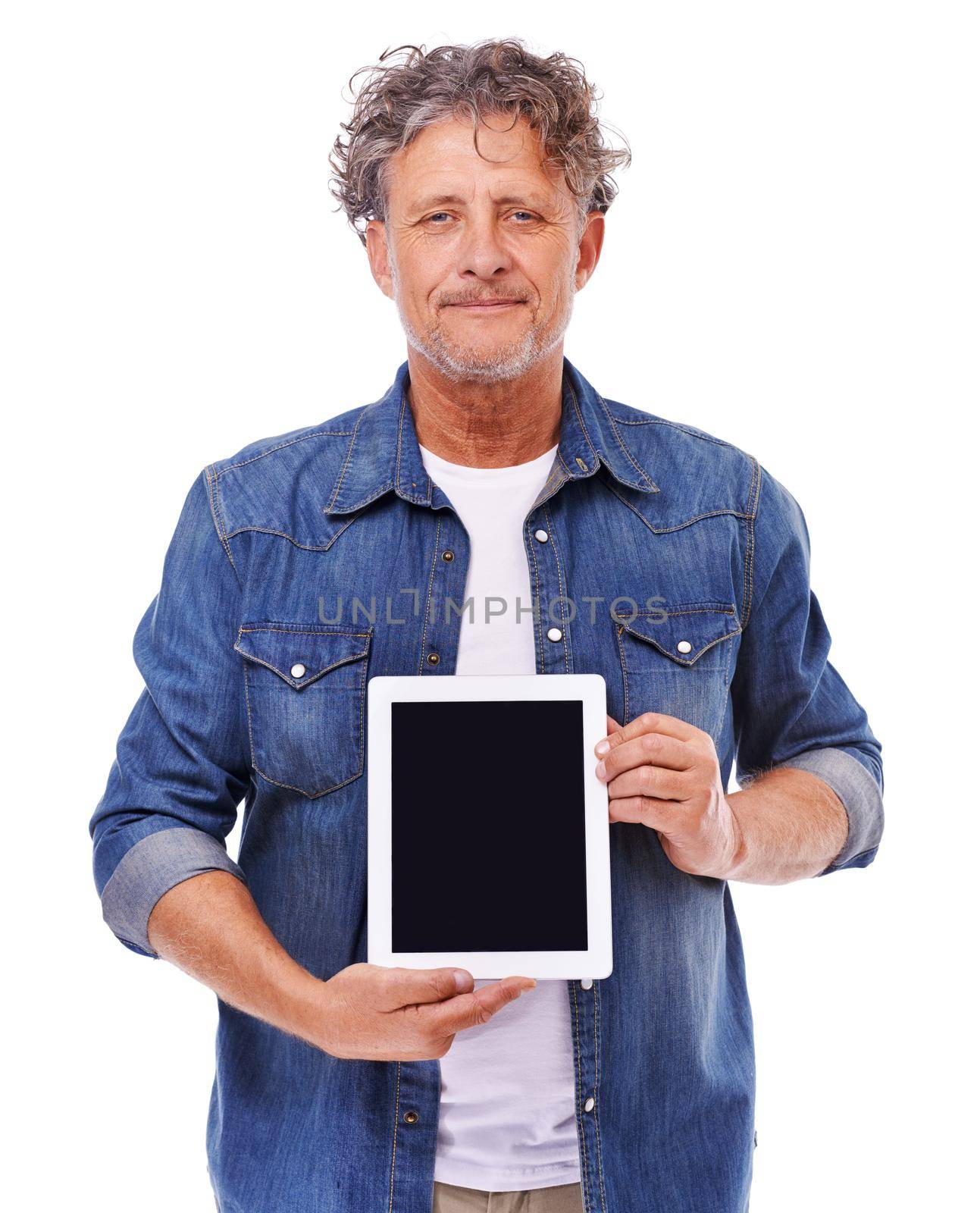 The only tablet I trust. Studio shot of a mature man holding up a digital tablet isolated on white. by YuriArcurs