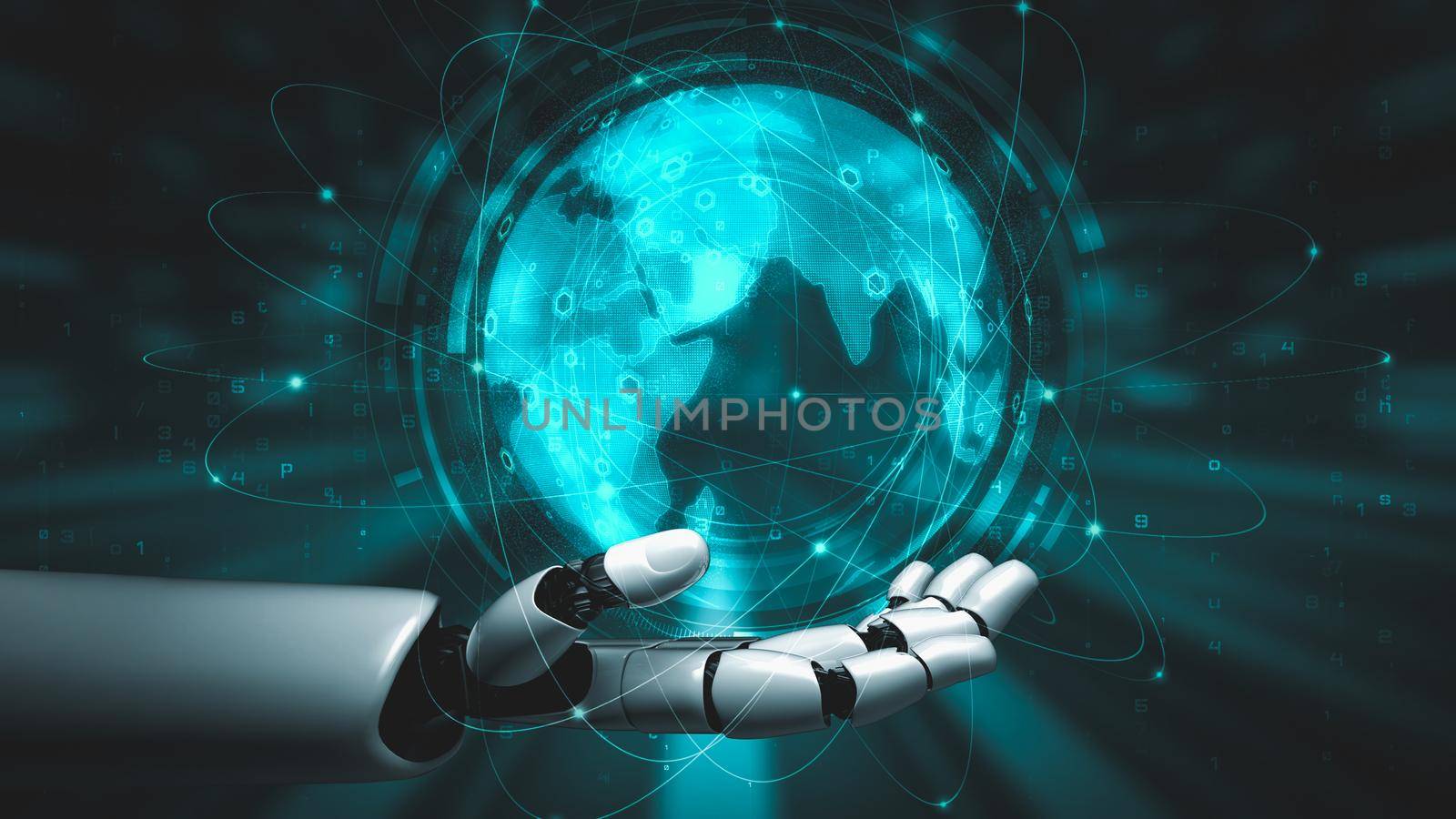 Futuristic robot artificial intelligence enlightening AI technology development and machine learning concept. Global robotic bionic science research for future of human life. 3D rendering graphic.