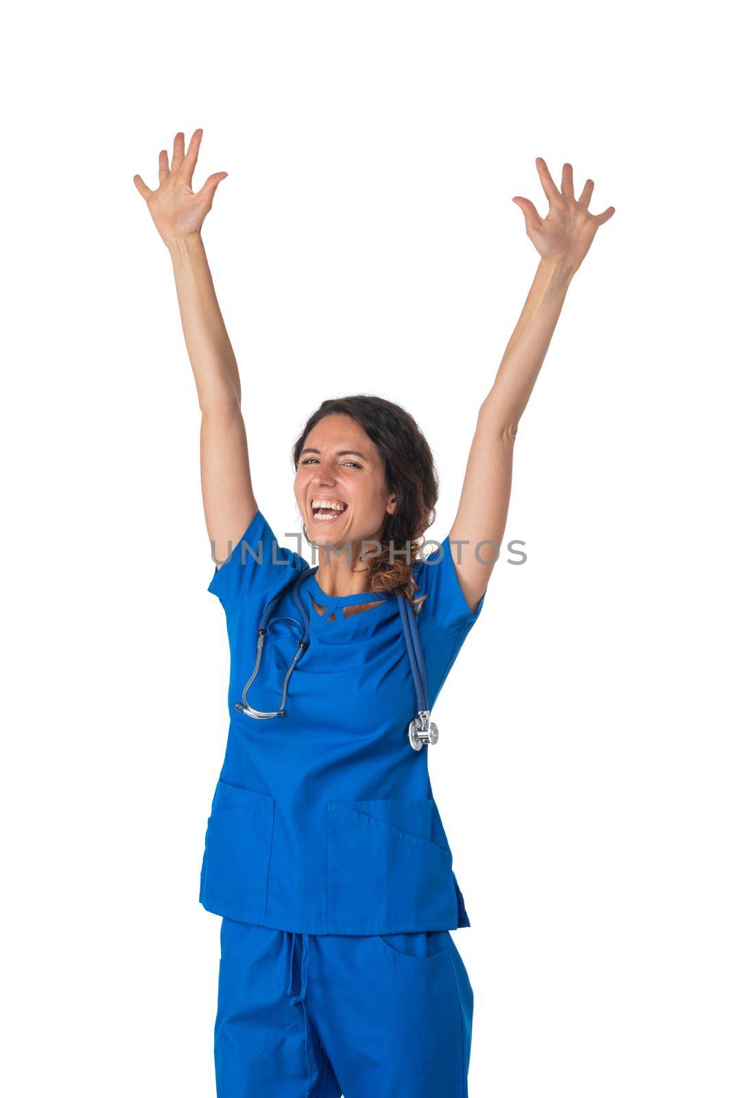 Young female medical nurse healthcare worker with raised arms isolated on white background studio portrait