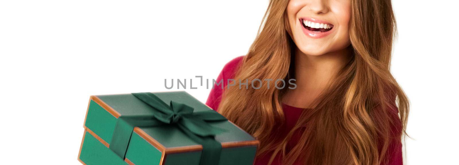 Birthday, Christmas or holiday present, happy woman holding a green gift or luxury beauty box subscription delivery isolated on white background by Anneleven