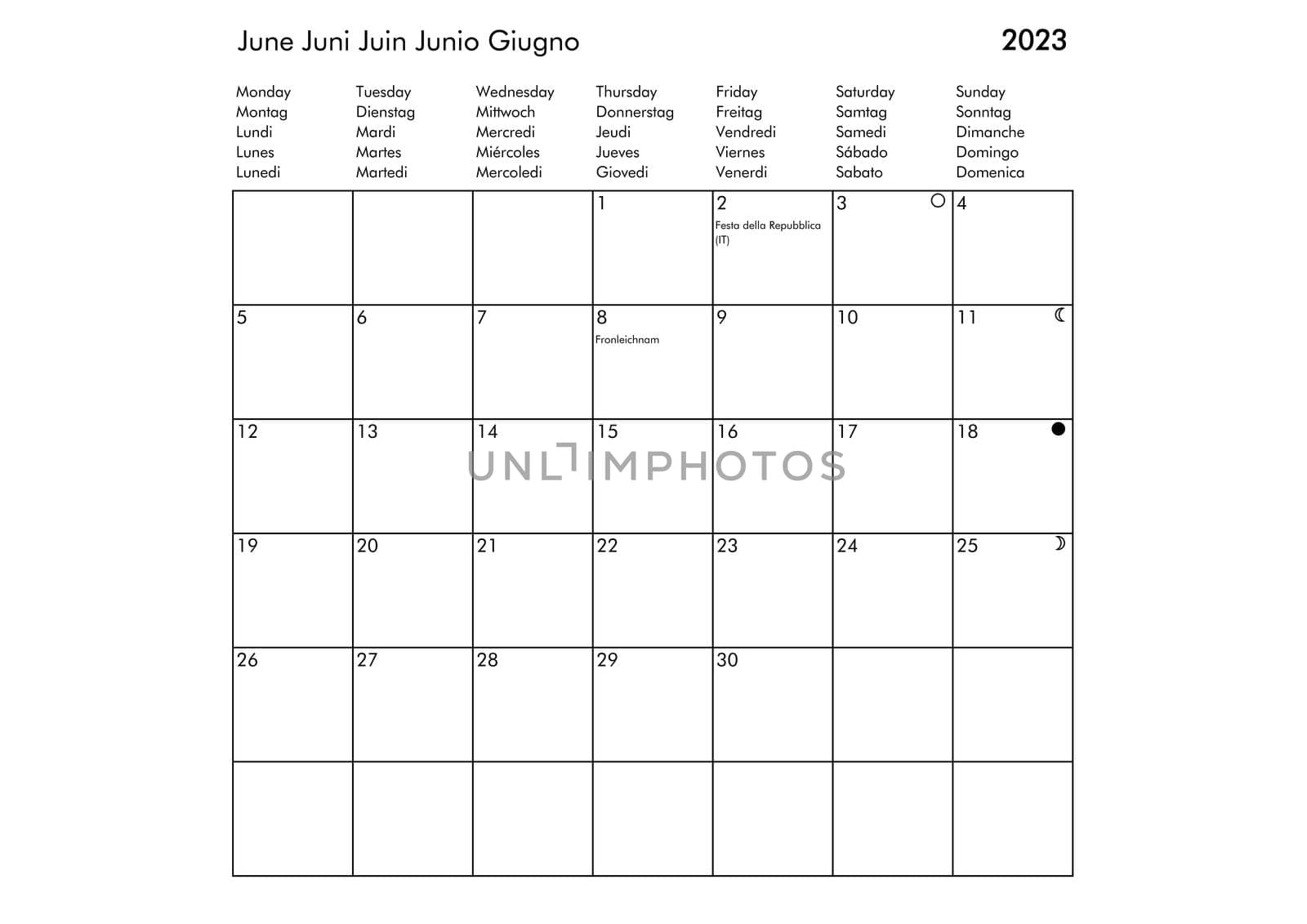 June Multilingual year 2023 calendar in English German French Spanish and Italian with USA UK Germany France Spain and Italy holidays