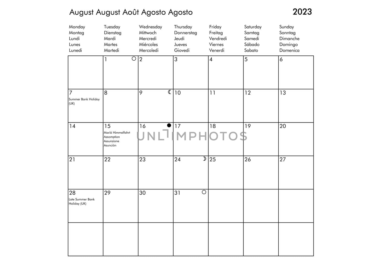 August Multilingual year 2023 calendar in English German French Spanish and Italian with USA UK Germany France Spain and Italy holidays