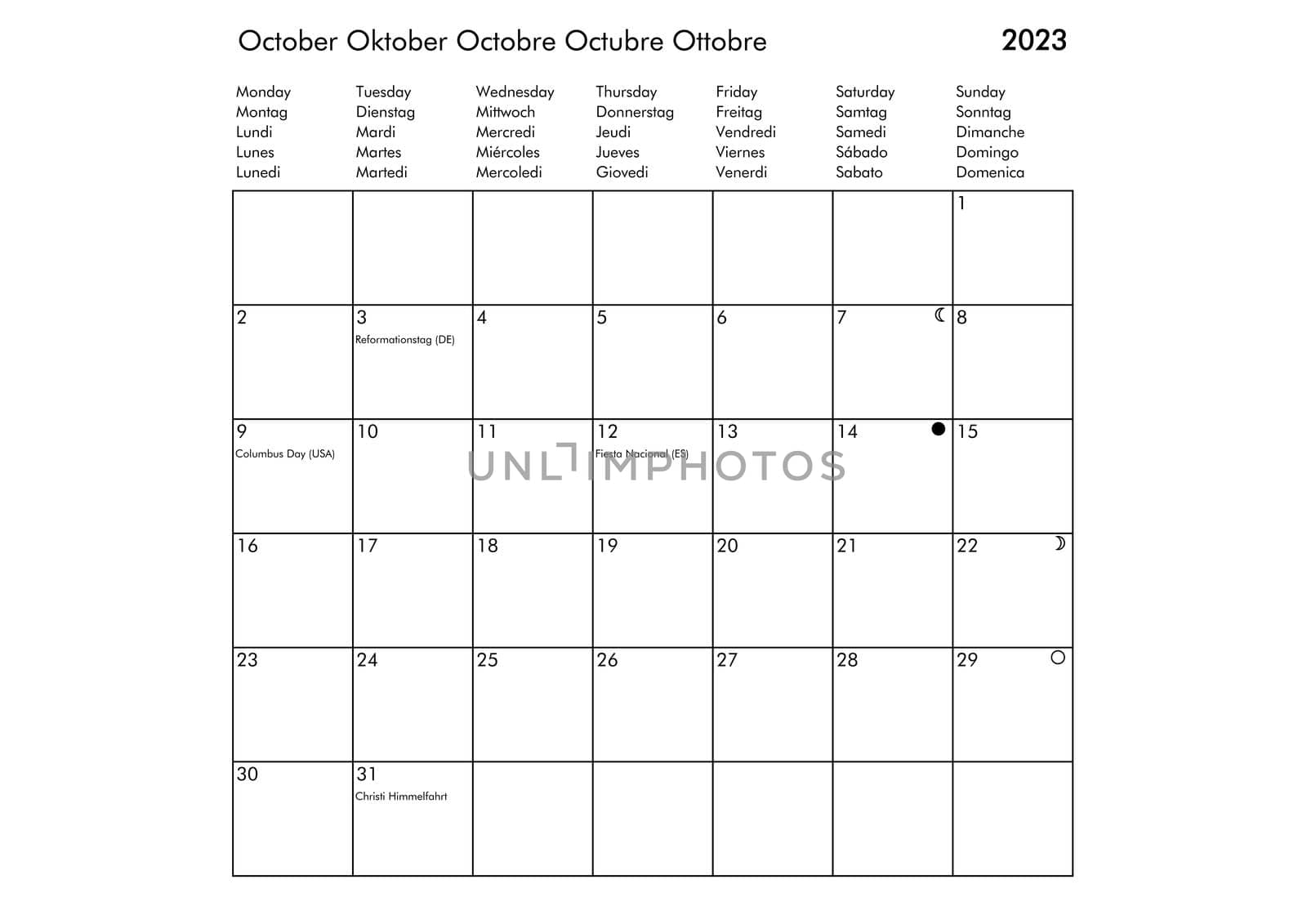 October Multilingual year 2023 calendar in English German French Spanish and Italian with USA UK Germany France Spain and Italy holidays