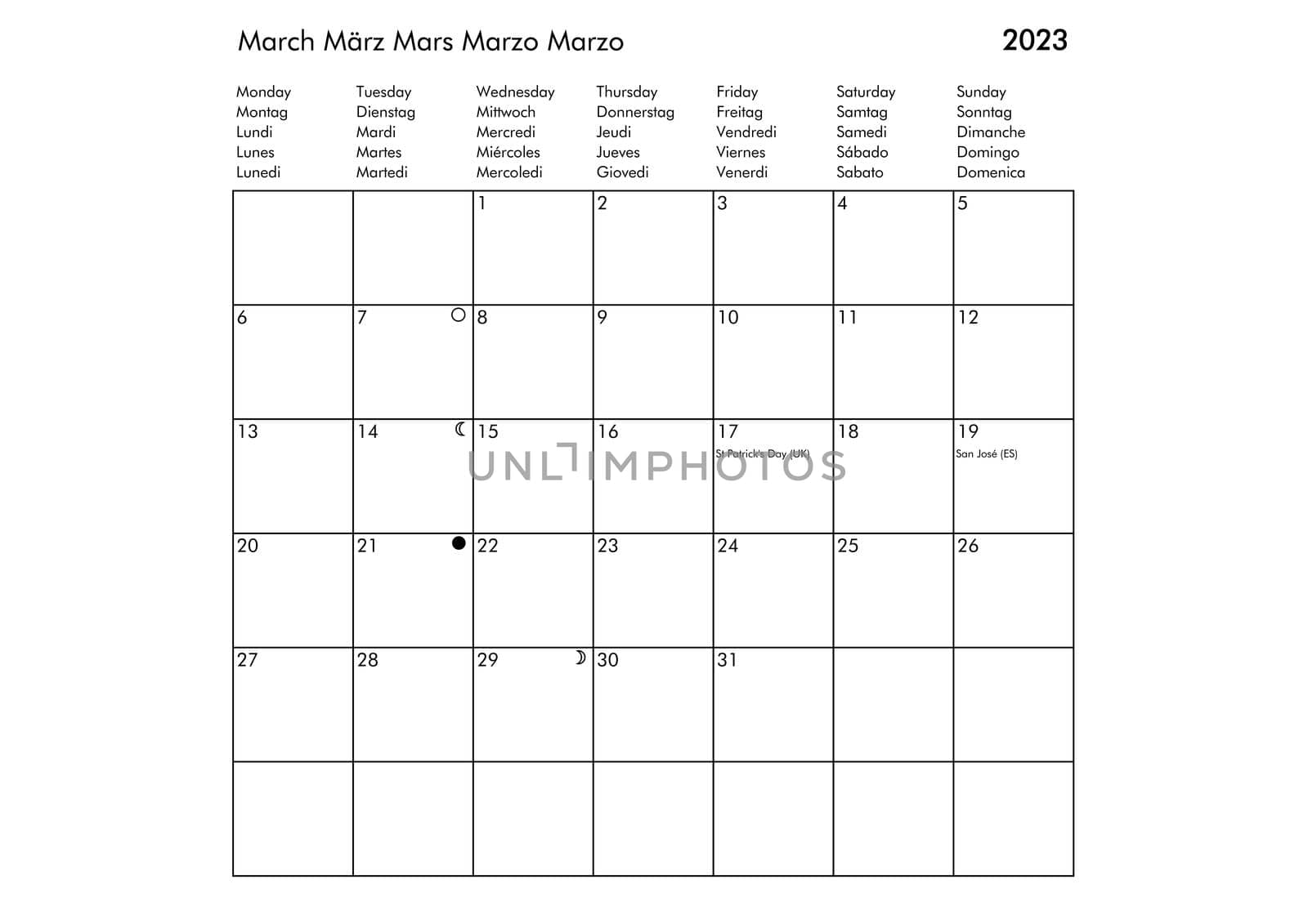 March Multilingual year 2023 calendar in English German French Spanish and Italian with USA UK Germany France Spain and Italy holidays