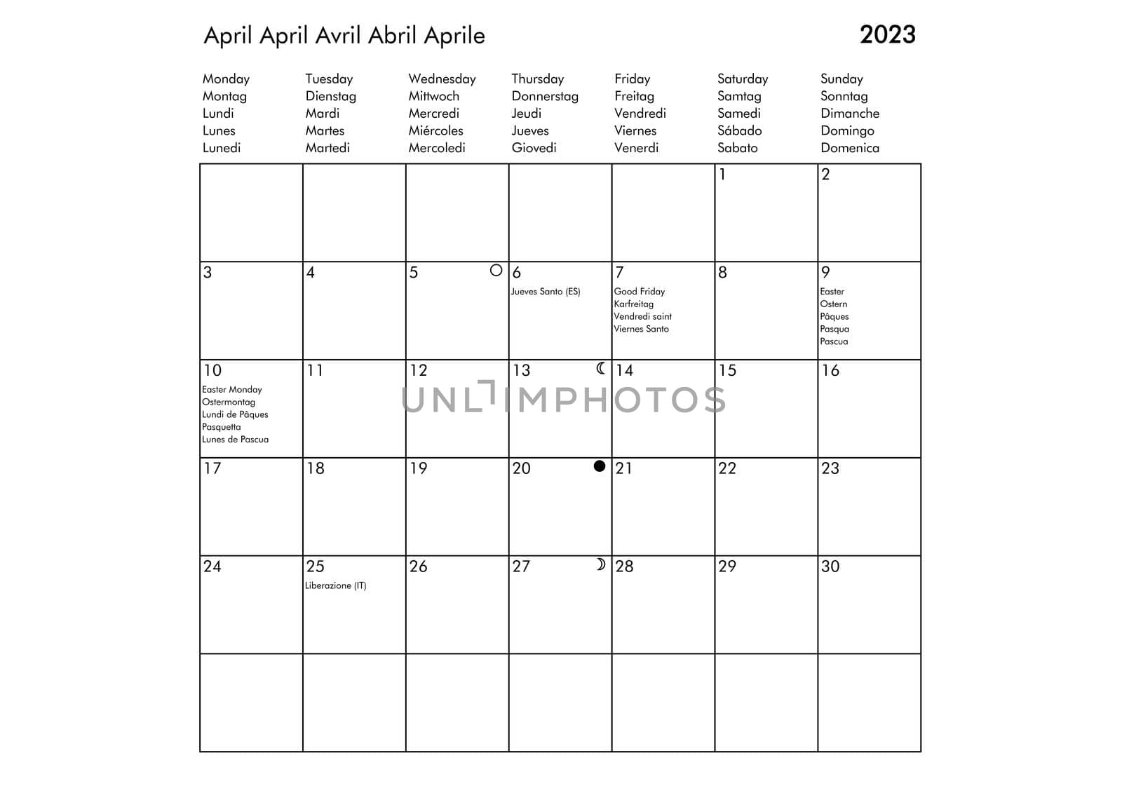 April Multilingual year 2023 calendar in English German French Spanish and Italian with USA UK Germany France Spain and Italy holidays