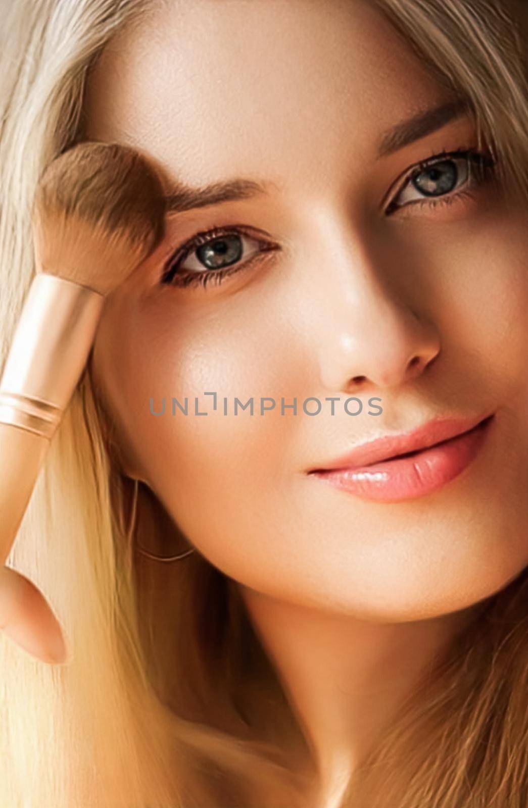 Make-up cosmetics and beauty product, beautiful woman applying cosmetic powder with organic bamboo makeup brush, face portrait by Anneleven
