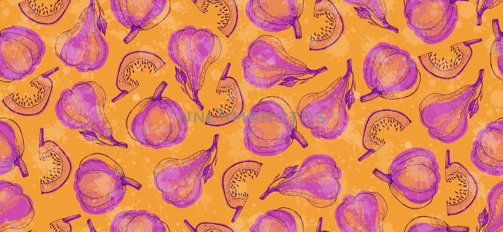 Pumpkin seamless pattern in bright pink and orange colors. Pumpkin background for Harvest festival by fireFLYart