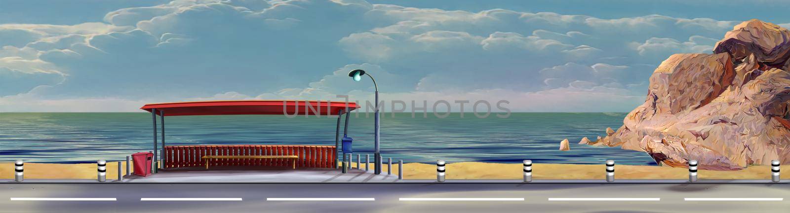 Bus stop on a Suburban highway along the sea on a sunny day. Digital Painting Background, Illustration.