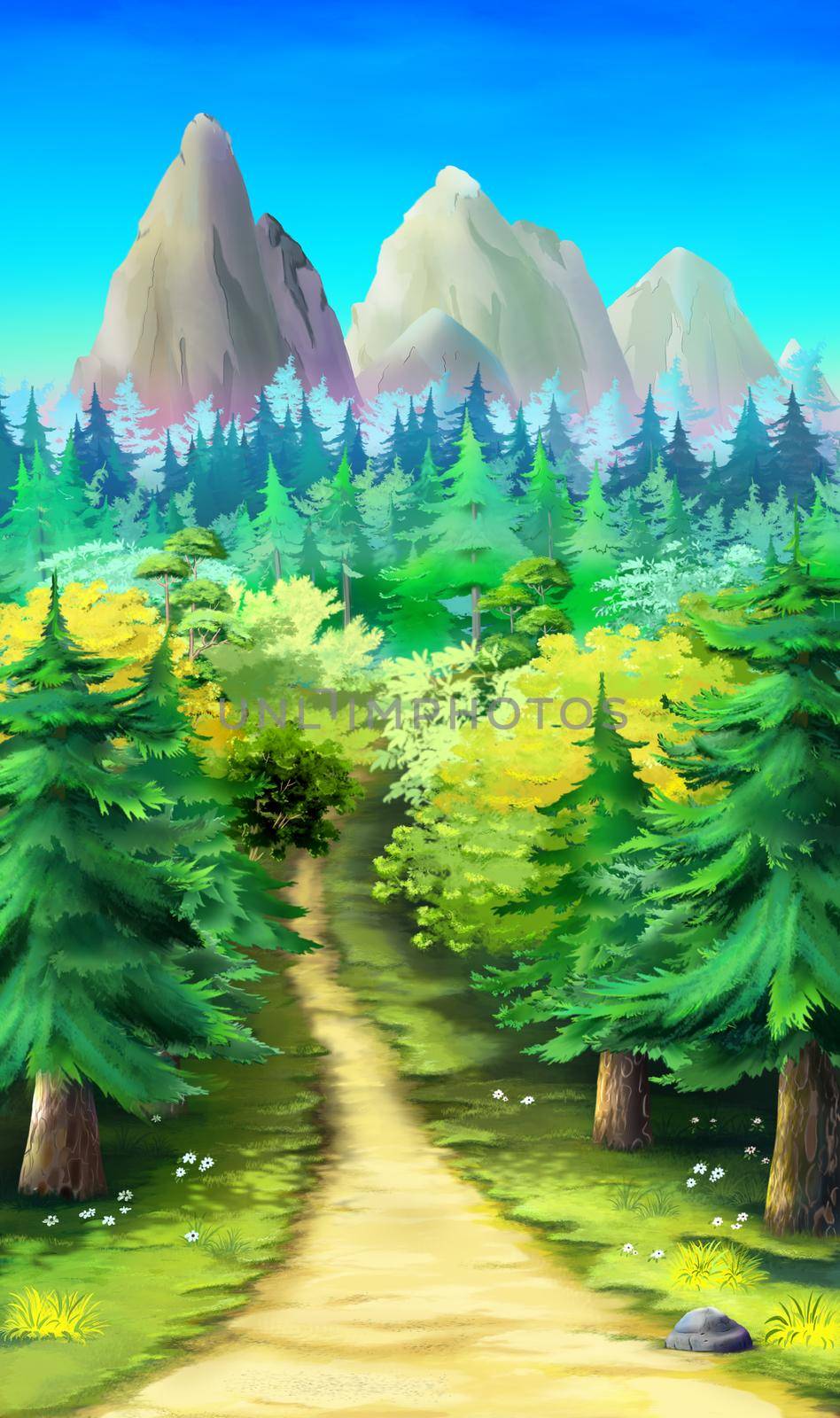 Road to the mountains through the forest on a sunny day. Digital Painting Background, Illustration.