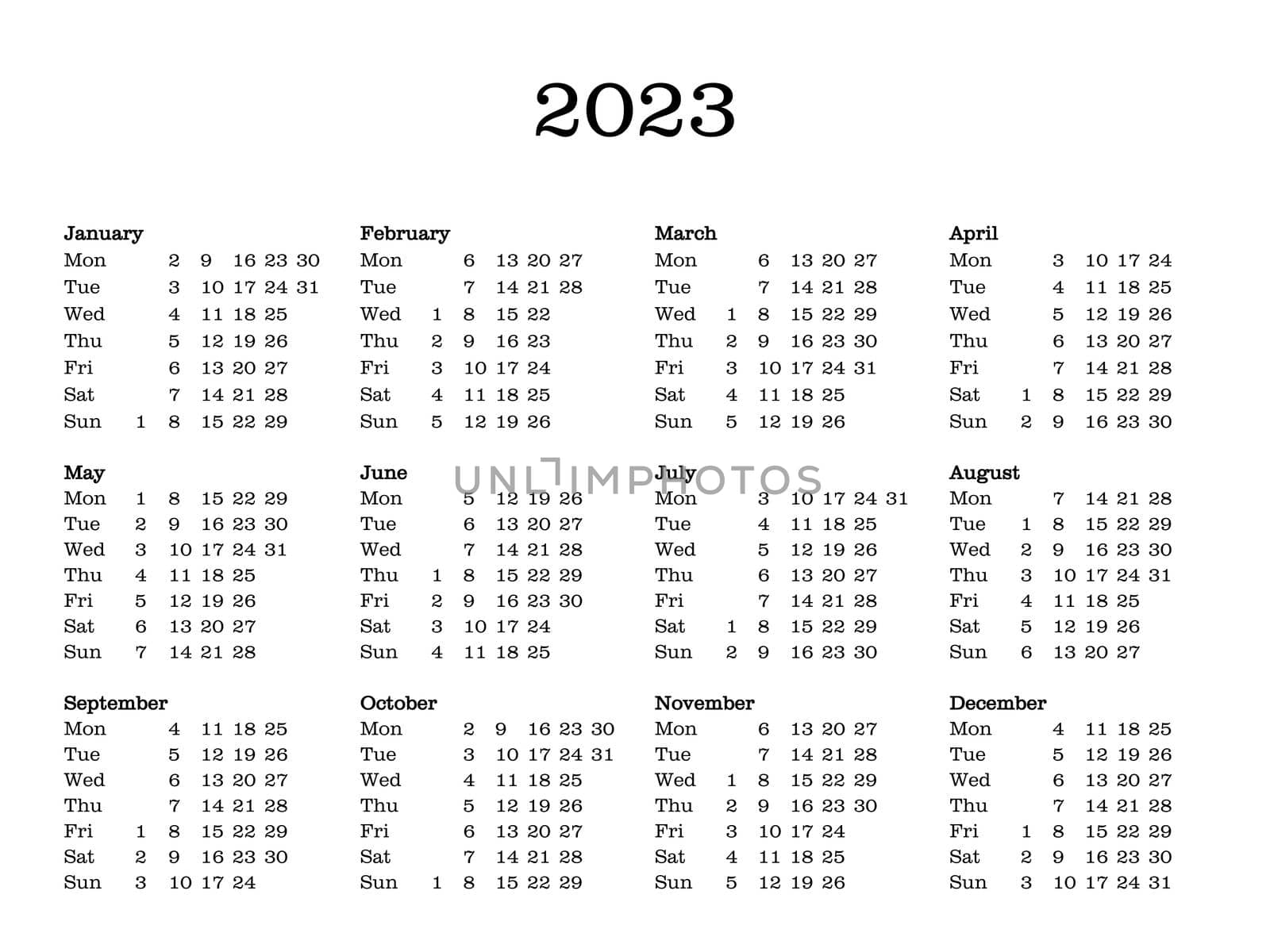 Yearly calendar of year 2023 including all months January February March April May June July August September October November December