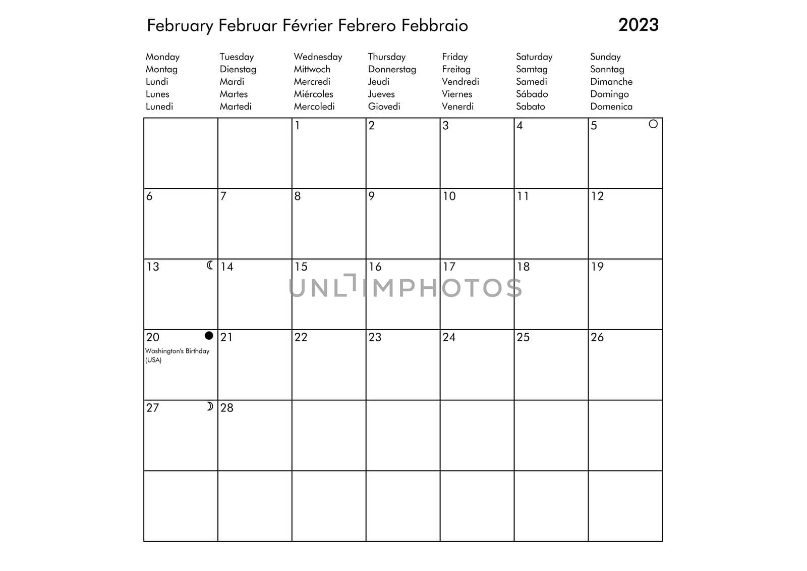 February Multilingual year 2023 calendar in English German French Spanish and Italian with USA UK Germany France Spain and Italy holidays