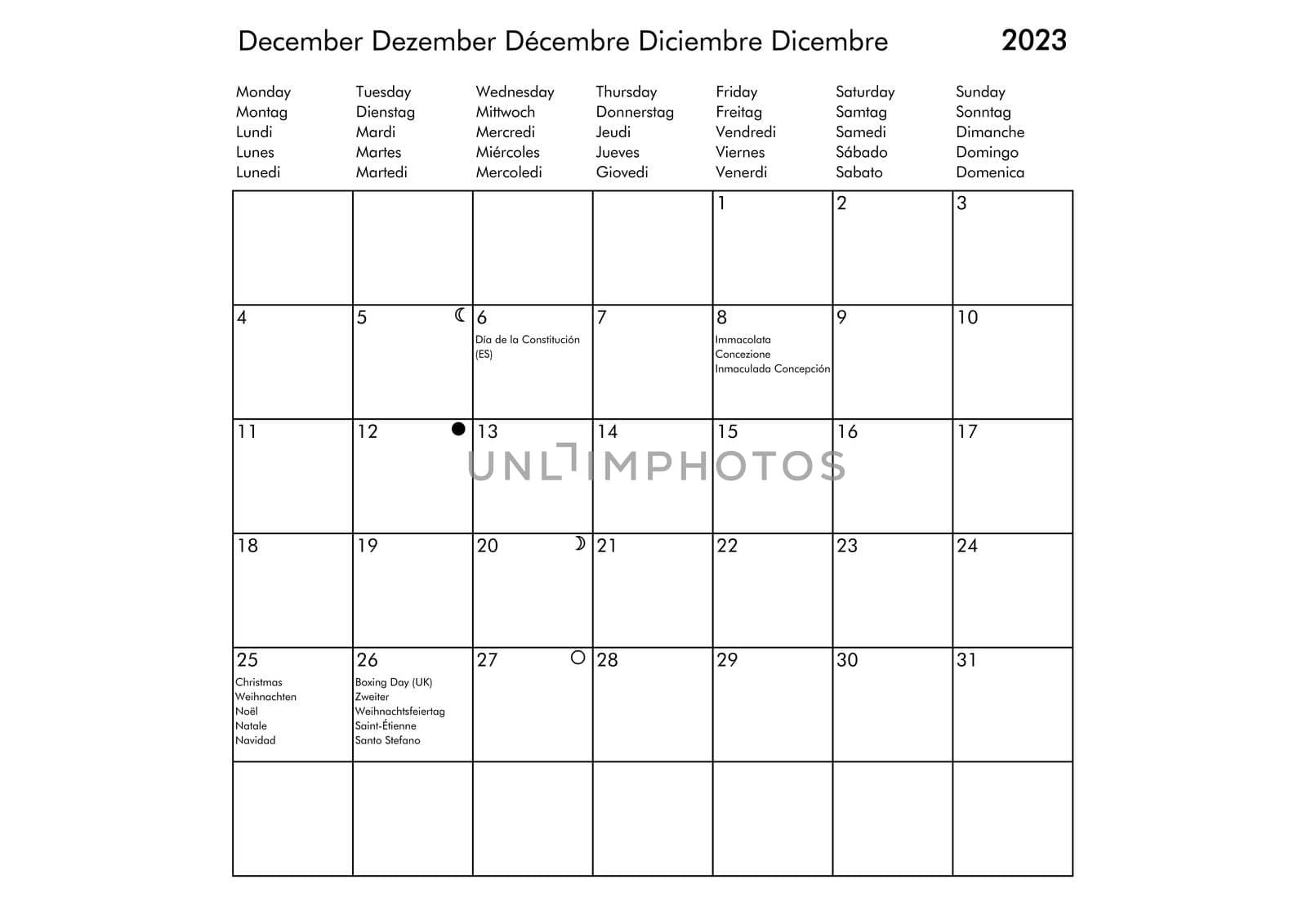 December Multilingual year 2023 calendar in English German French Spanish and Italian with USA UK Germany France Spain and Italy holidays