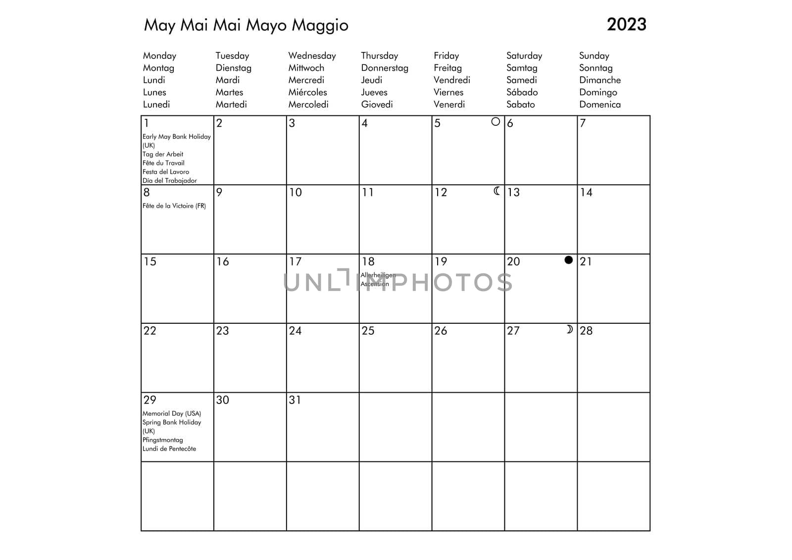 May Multilingual year 2023 calendar in English German French Spanish and Italian with USA UK Germany France Spain and Italy holidays