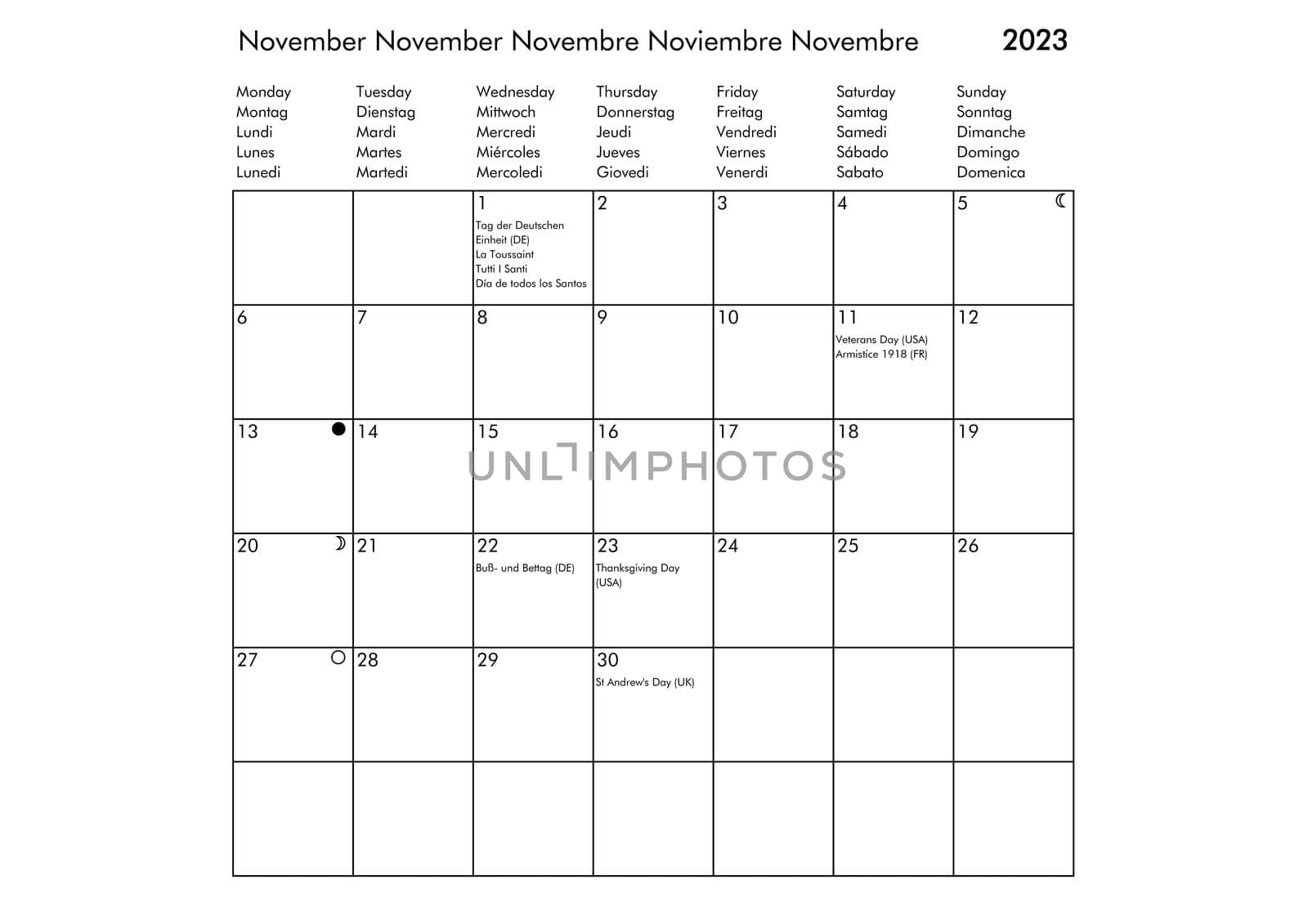 November Multilingual year 2023 calendar in English German French Spanish and Italian with USA UK Germany France Spain and Italy holidays