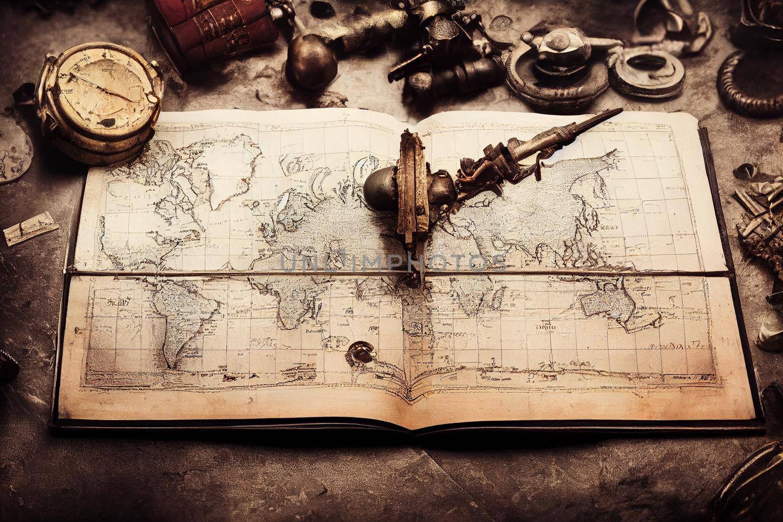 Happy Columbus Day concept. Vintage compass and pirates treasure manuscript with copy space on dark background. 3D illustration