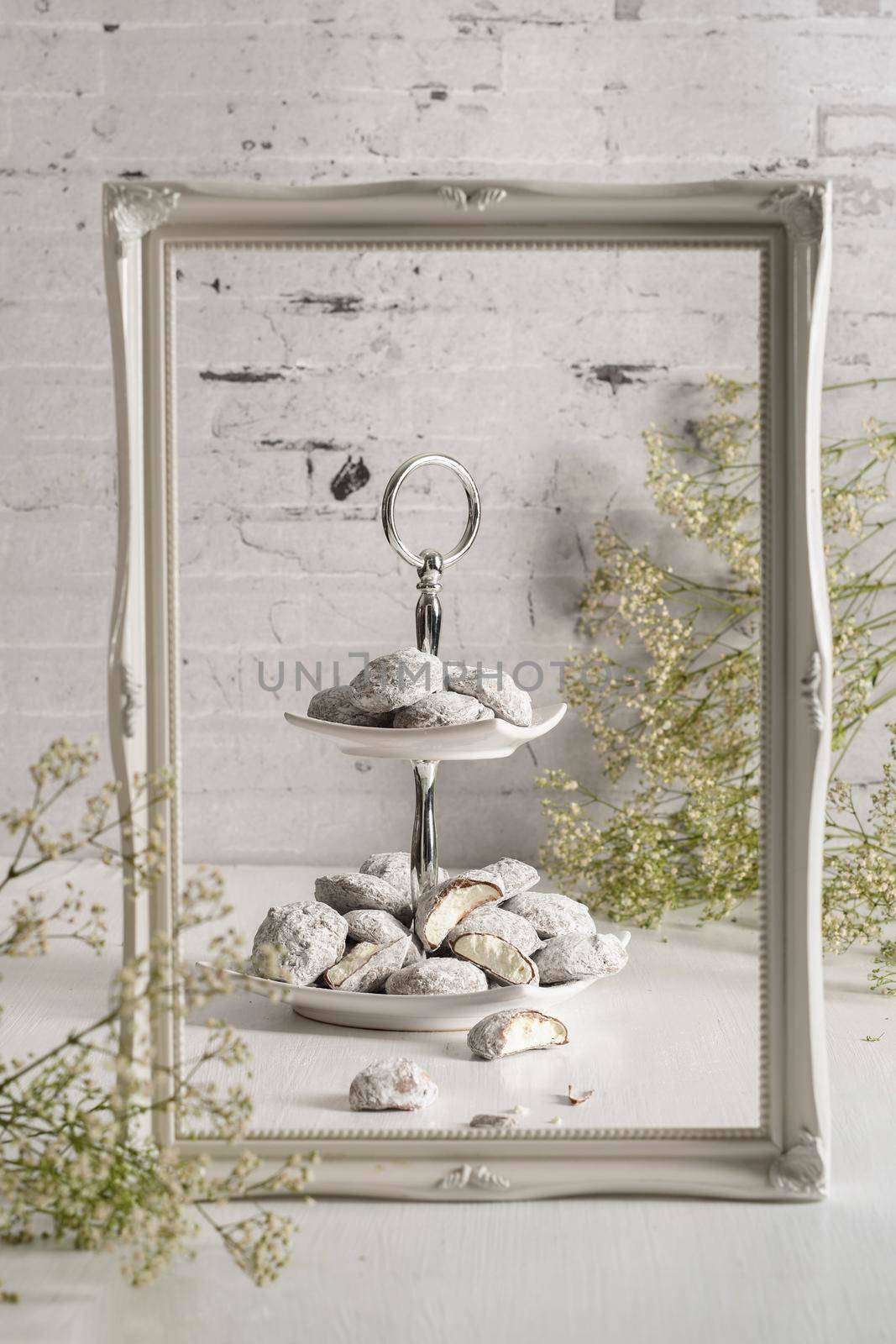 Snowballs Vanilla cream chocolate candies, traditional seasonal Belgian sweets, High quality photo