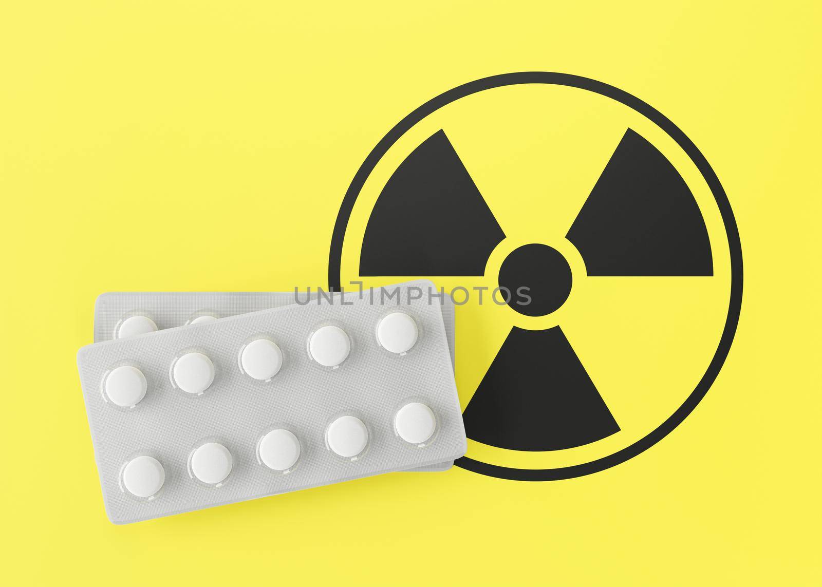 Anti-Radiation Pills, Iodine tablets, tablets for radiation protection. Potassium iodine tablet protecting against the dangers of accidental exposure to radioactivity. Nuclear threats. 3d rendering. by creativebird