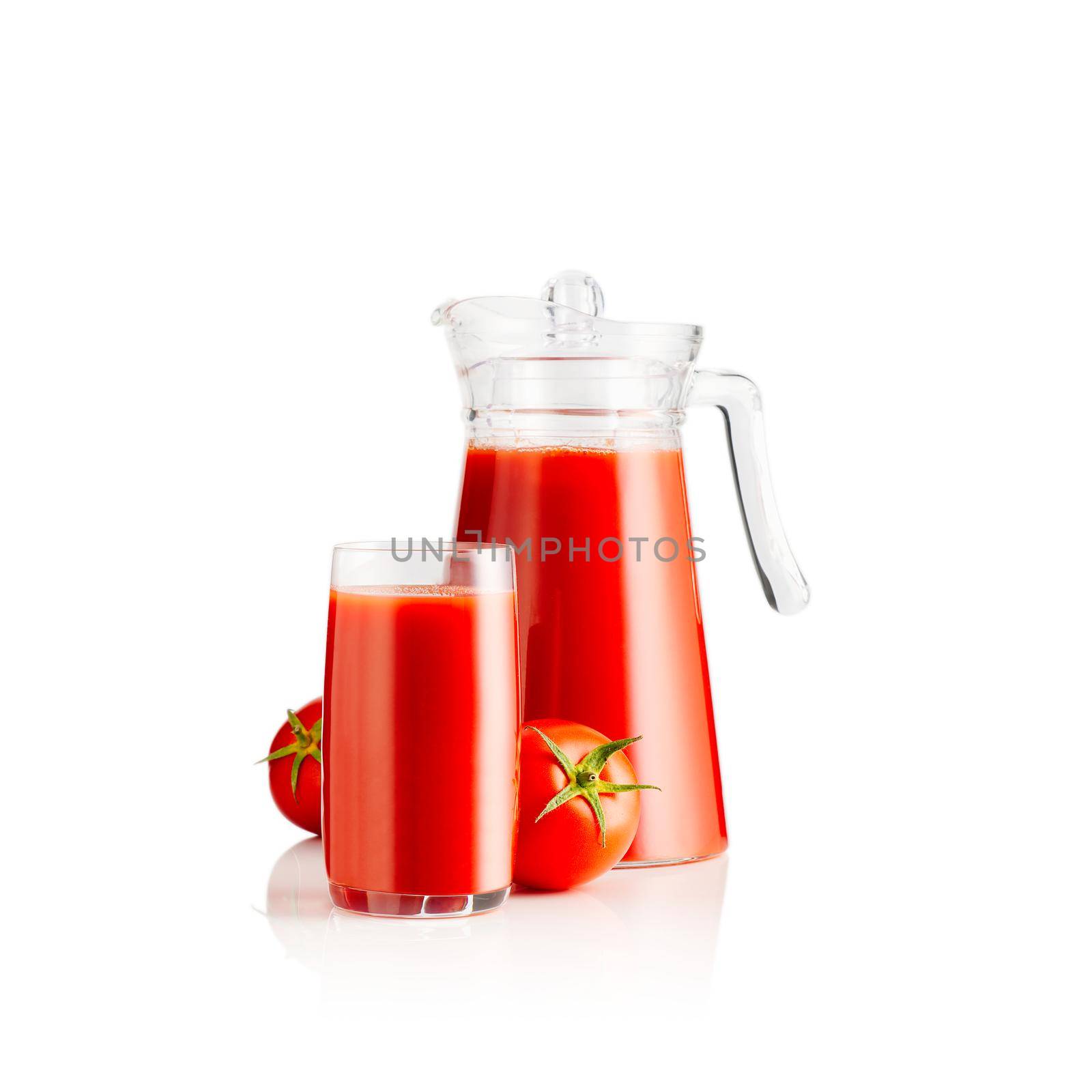 tomato juice isolated on white background. pure tomato juice in glass and graphene by PhotoTime