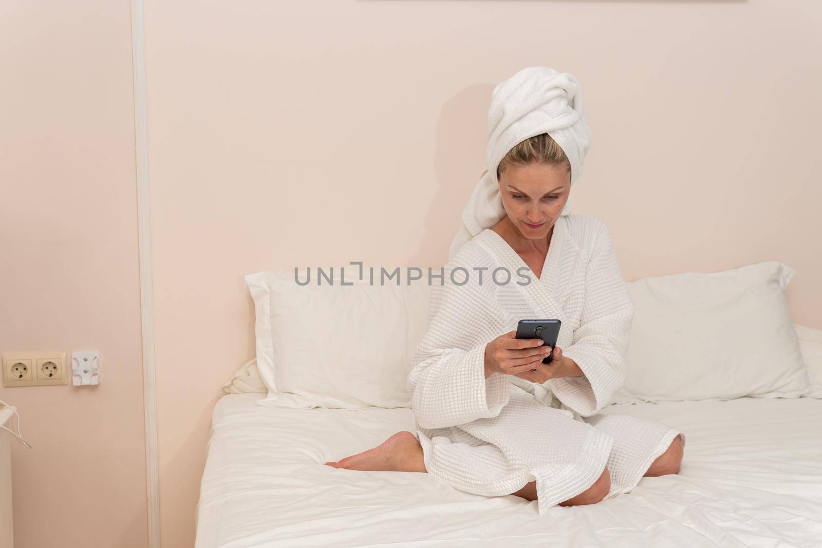 Cell copyspace bed spa beauty female bathrobe care bathroom lady, for unrecognizable young for relax for beautiful relaxation, robe bath. Happy people american,