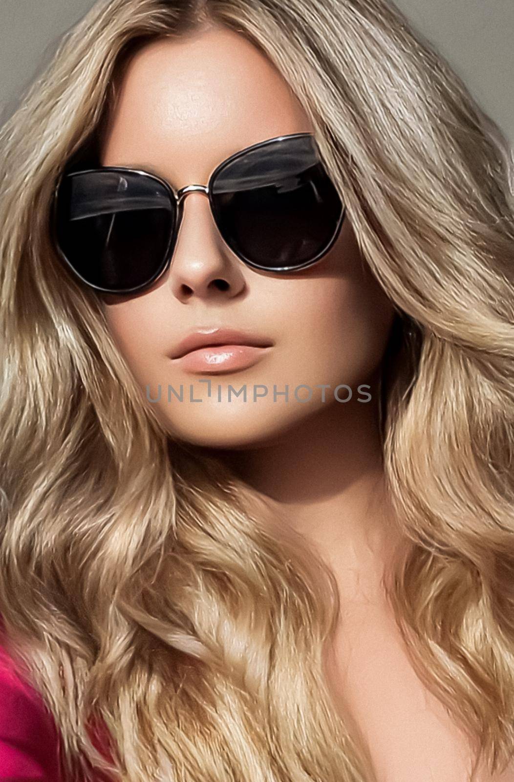 Luxury fashion, blonde hairstyle and accessories, beauty face portrait of a woman with long blond hair, wearing chic sunglasses, glamour style by Anneleven