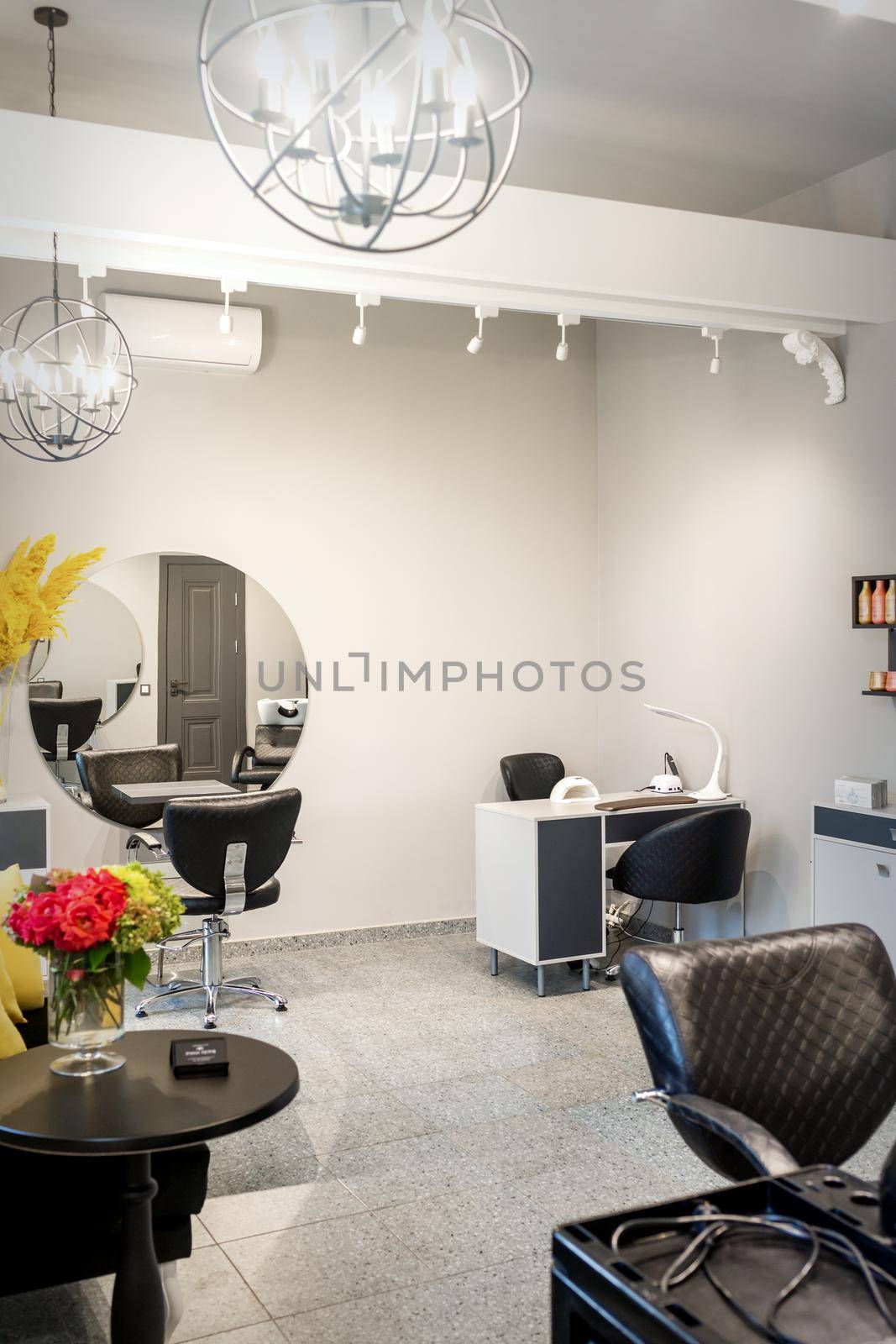 Interior of modern bright hair salon, manicure salon, or beauty salon