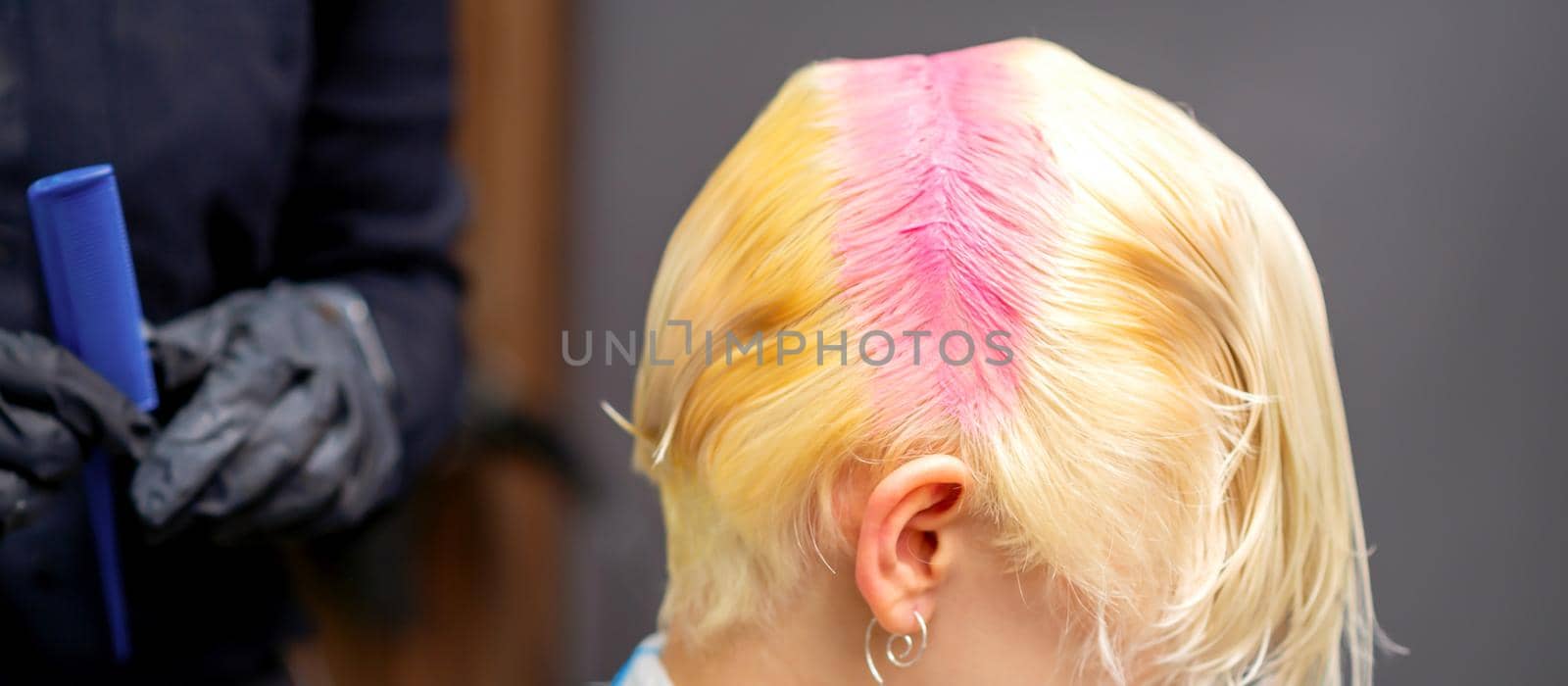Young caucasian woman tints hair roots in pink color in a beauty salon. by okskukuruza