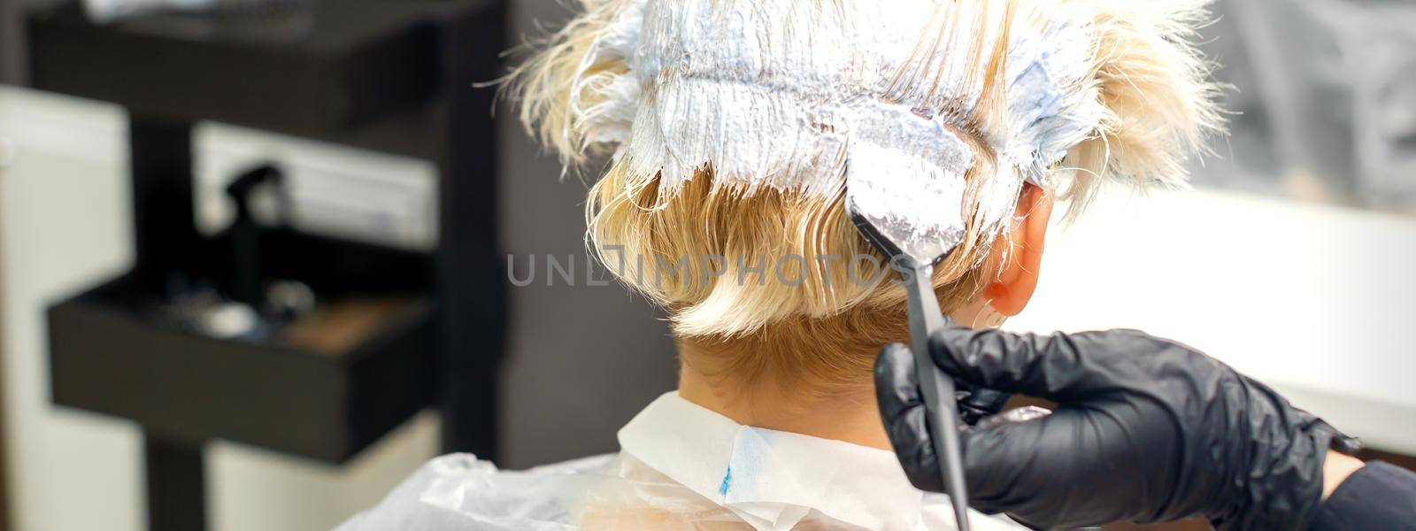 The professional hairdresser is dyeing the hair of her female client in a beauty salon