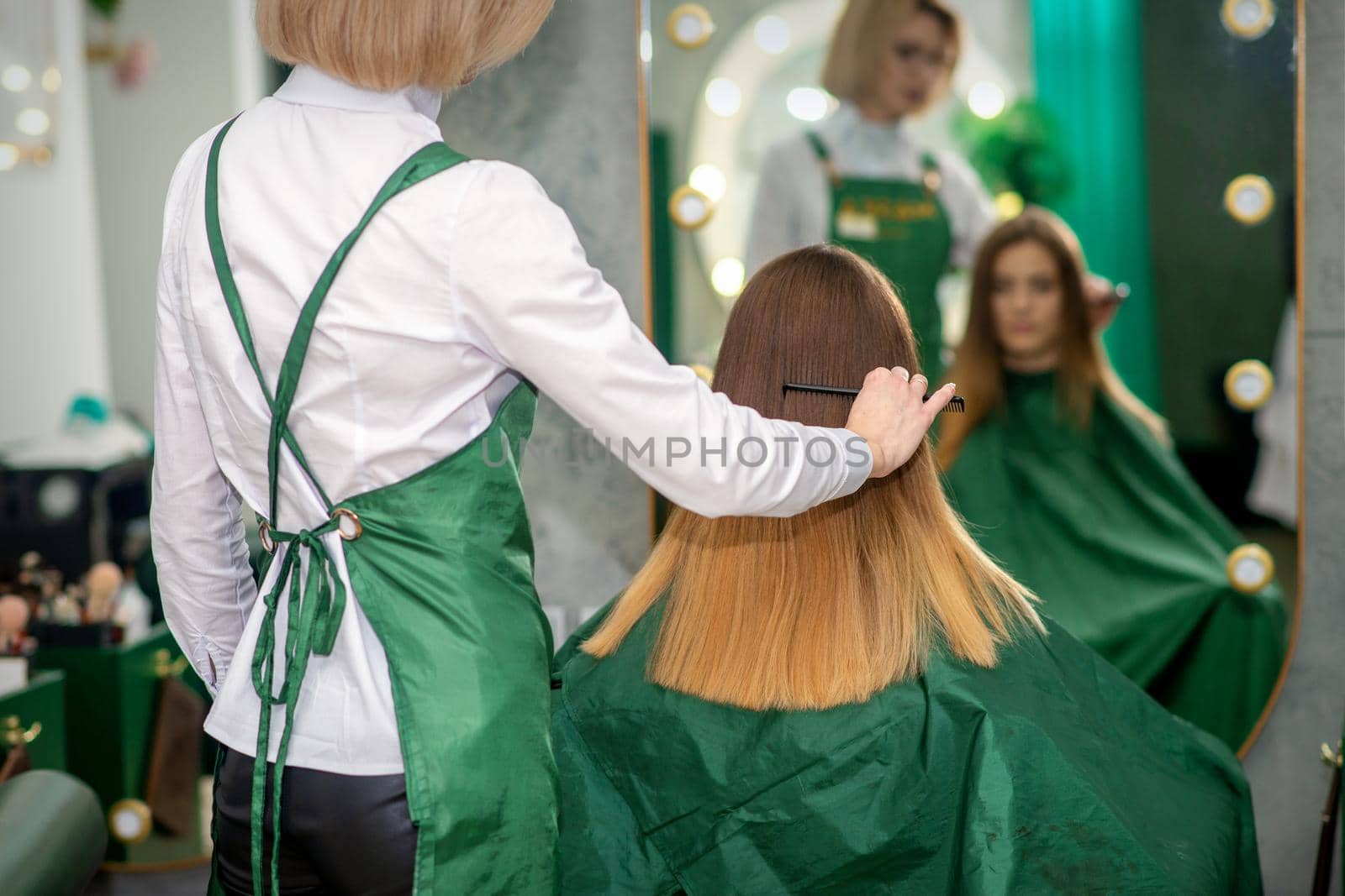 A female hairdresser is combing the long brown hair of a young woman at a parlor. by okskukuruza