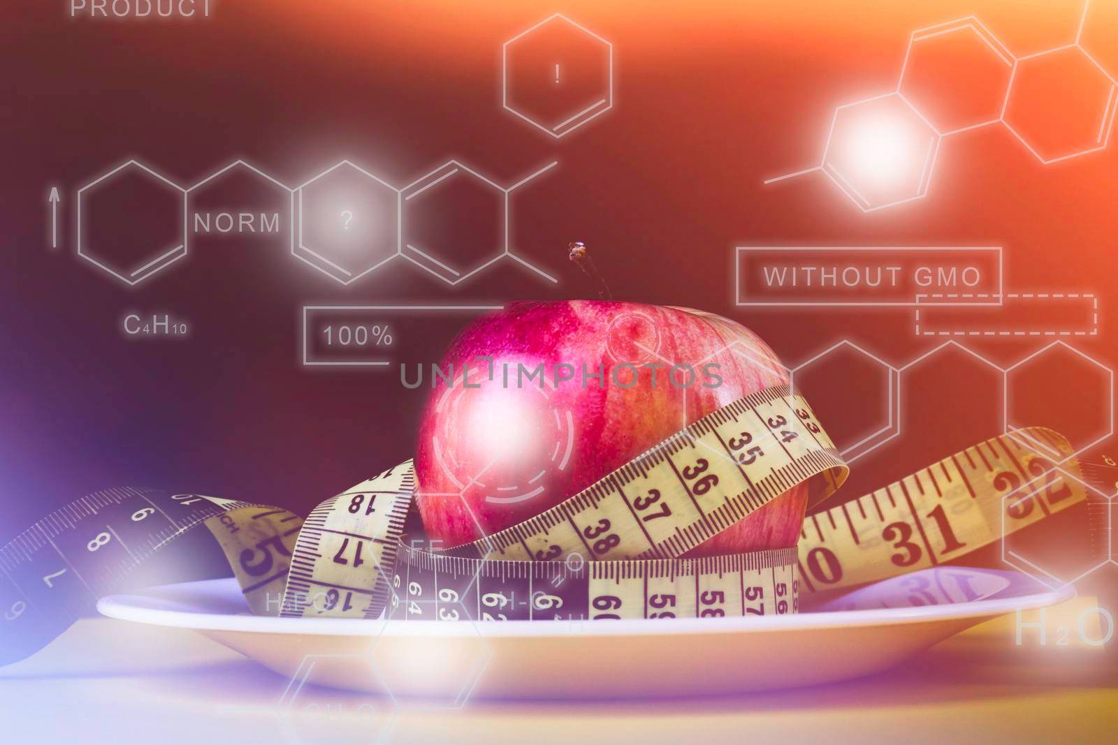 Apple as a means for weight loss. Obesity problem. Fruit diet. Apple and measuring tape.