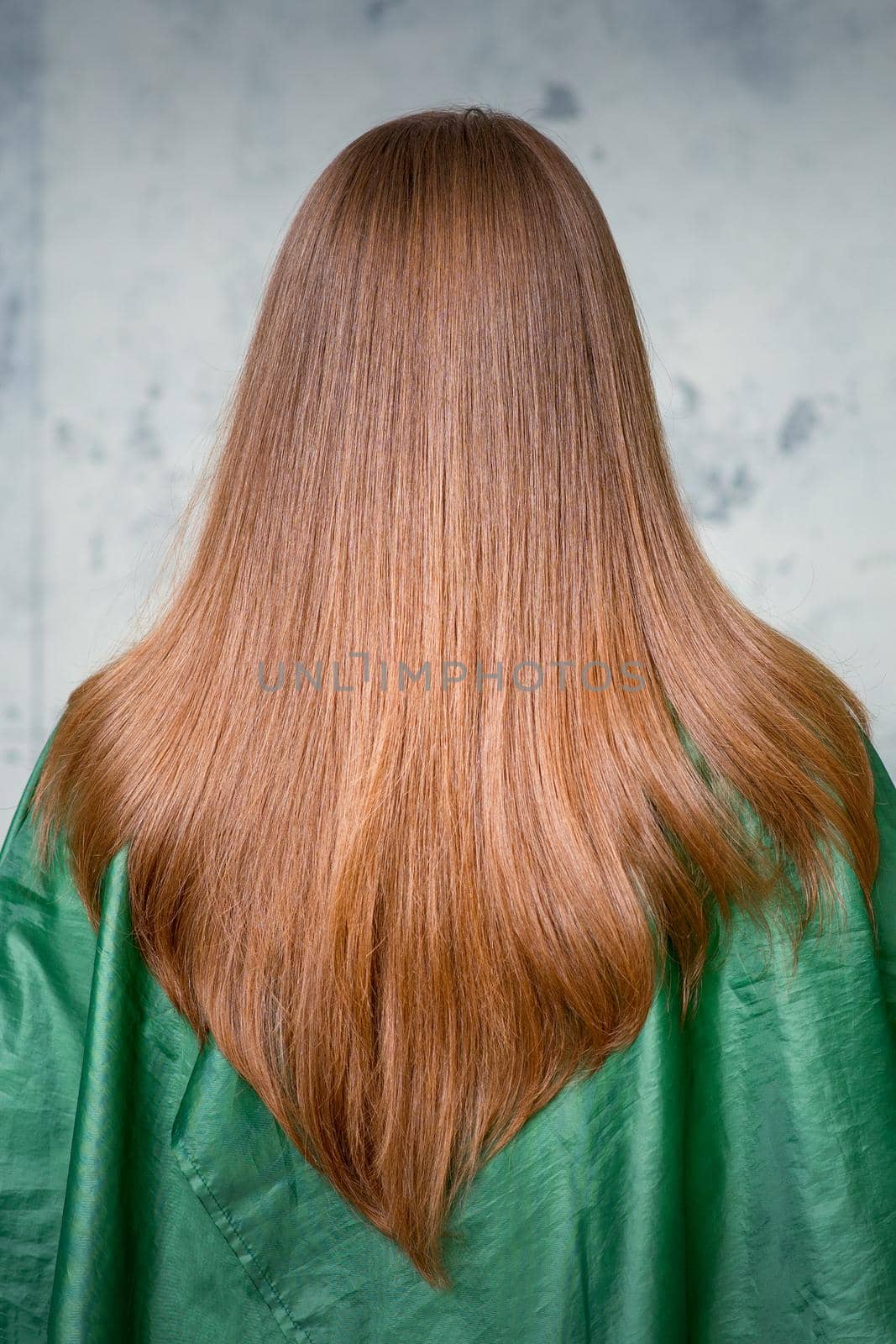 Rear View of a woman with long brown hair against a gray background