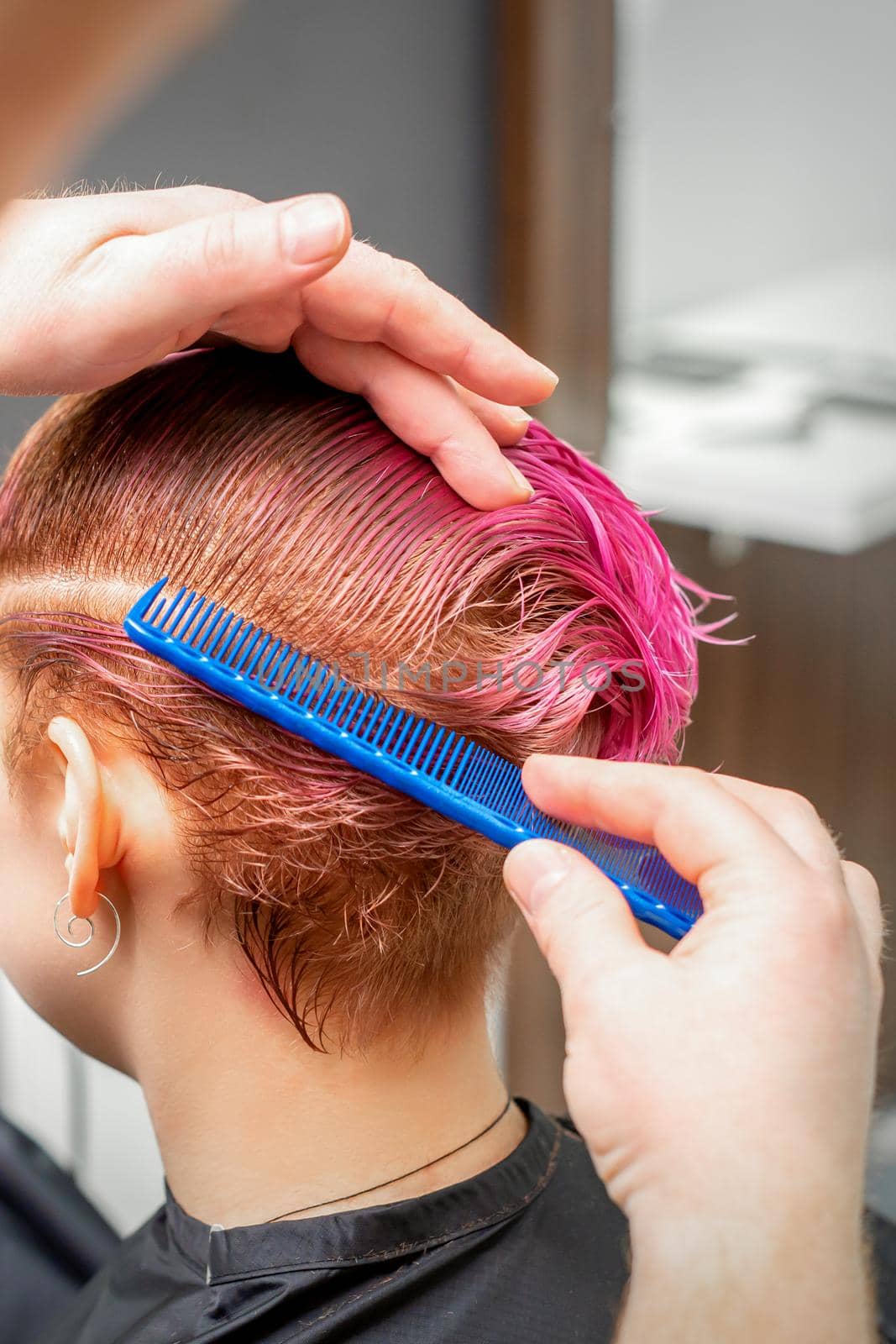 Combing the hair of a young woman during coloring hair in pink color at a hair salon close up