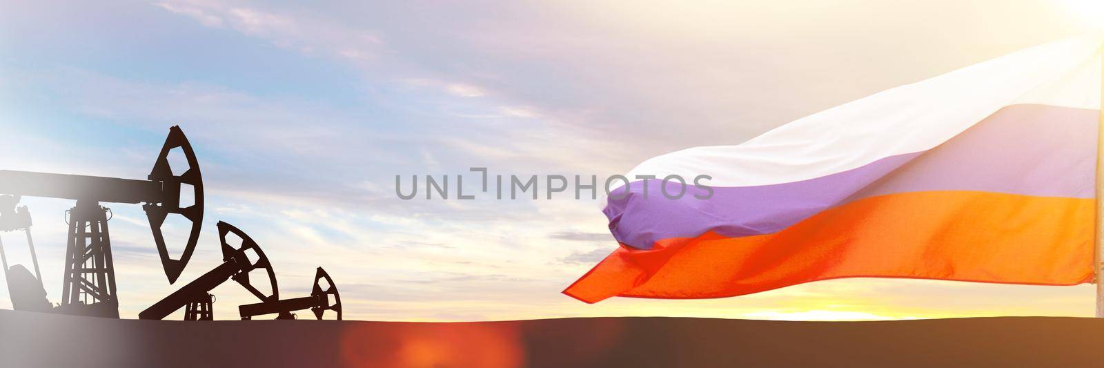 Oil in Russia. Flag of Russian Federation and oil refinery. Oil exports. by Verrone