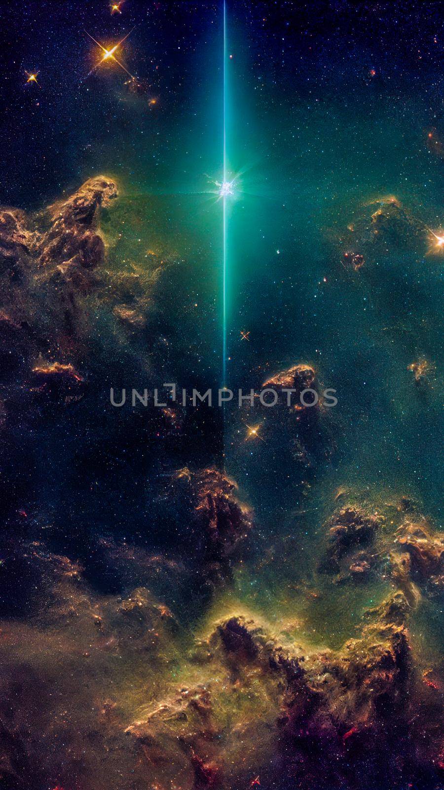 An abstract nebula in outer space and galaxies background of 3D render, suitable for a mobile screen, phone desktop, landing page, UI/UX, and wallpaper.