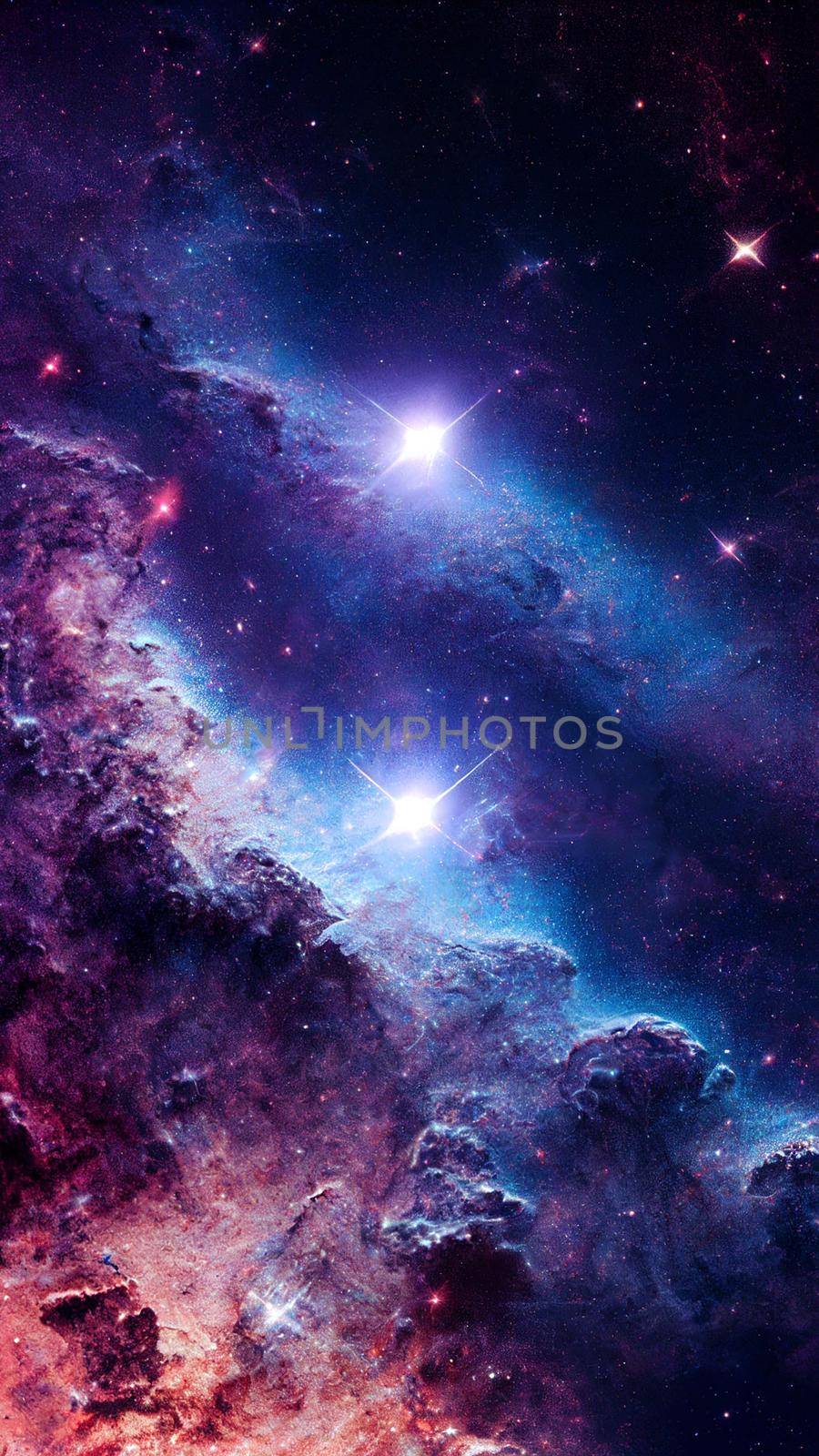 An abstract nebula in outer space and galaxies background of 3D render, suitable for a mobile screen, phone desktop, landing page, UI/UX, and wallpaper.