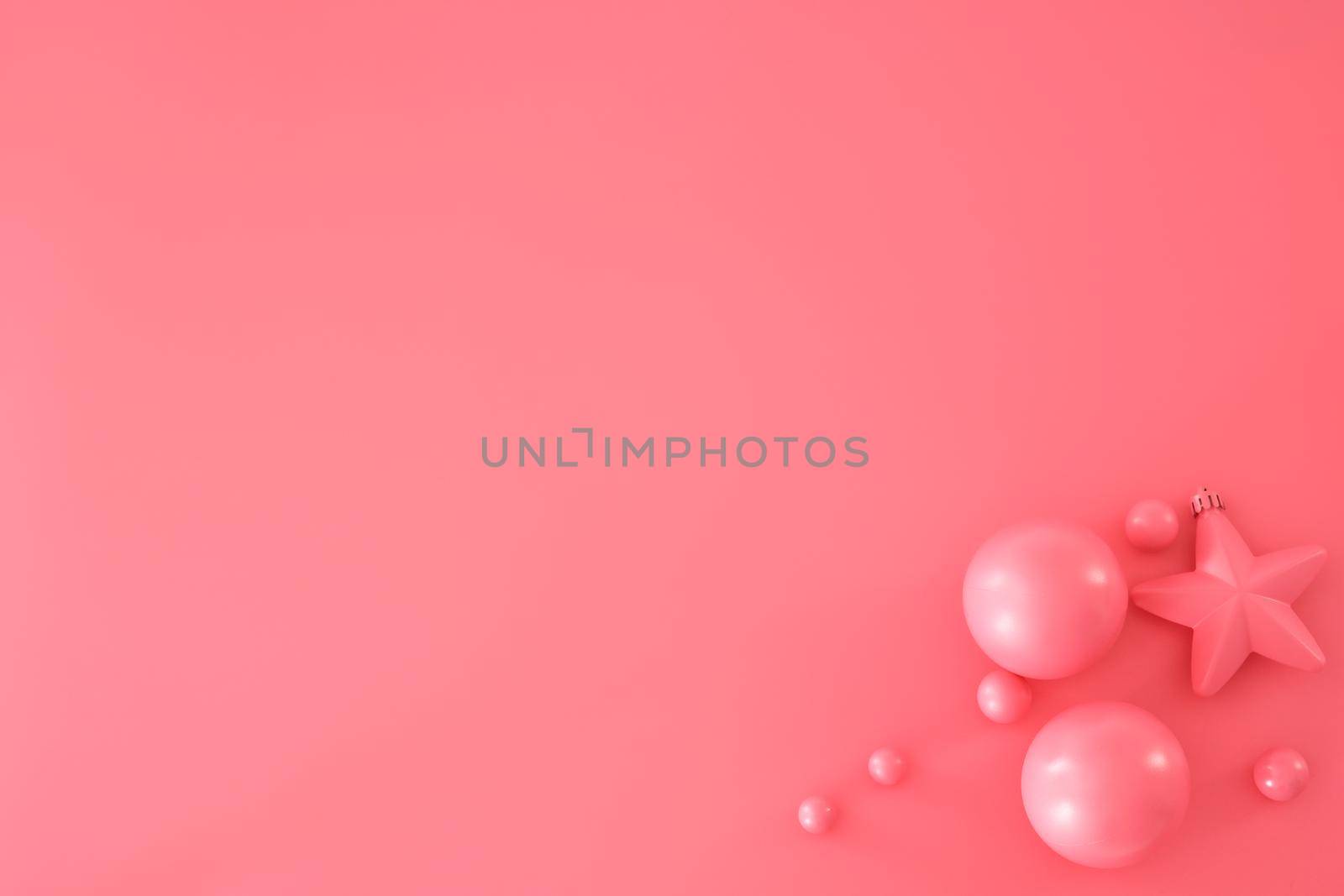Pink Christmas composition. Trendy Xmas background, mockup. Modern design. Free space for text, copy space. Flat lay, top view