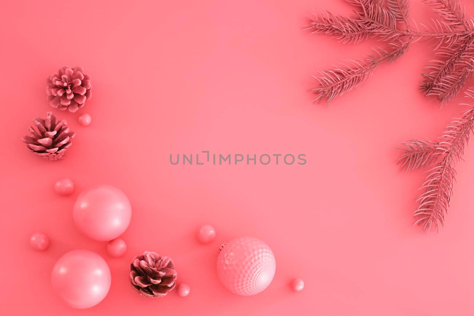 Pink Christmas composition. Trendy Xmas background. Modern design. Free space for text, copy space. Flat lay, top view