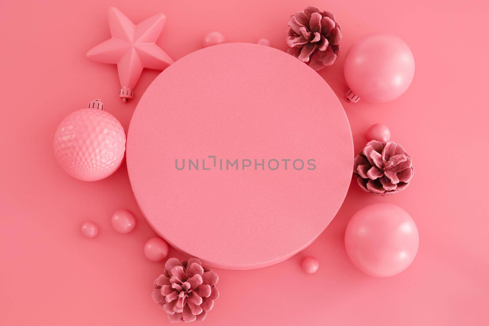 Pink Christmas composition. Trendy Xmas background, mockup. Modern design. Free space for text or logo, copy space. Flat lay, top view. by creativebird