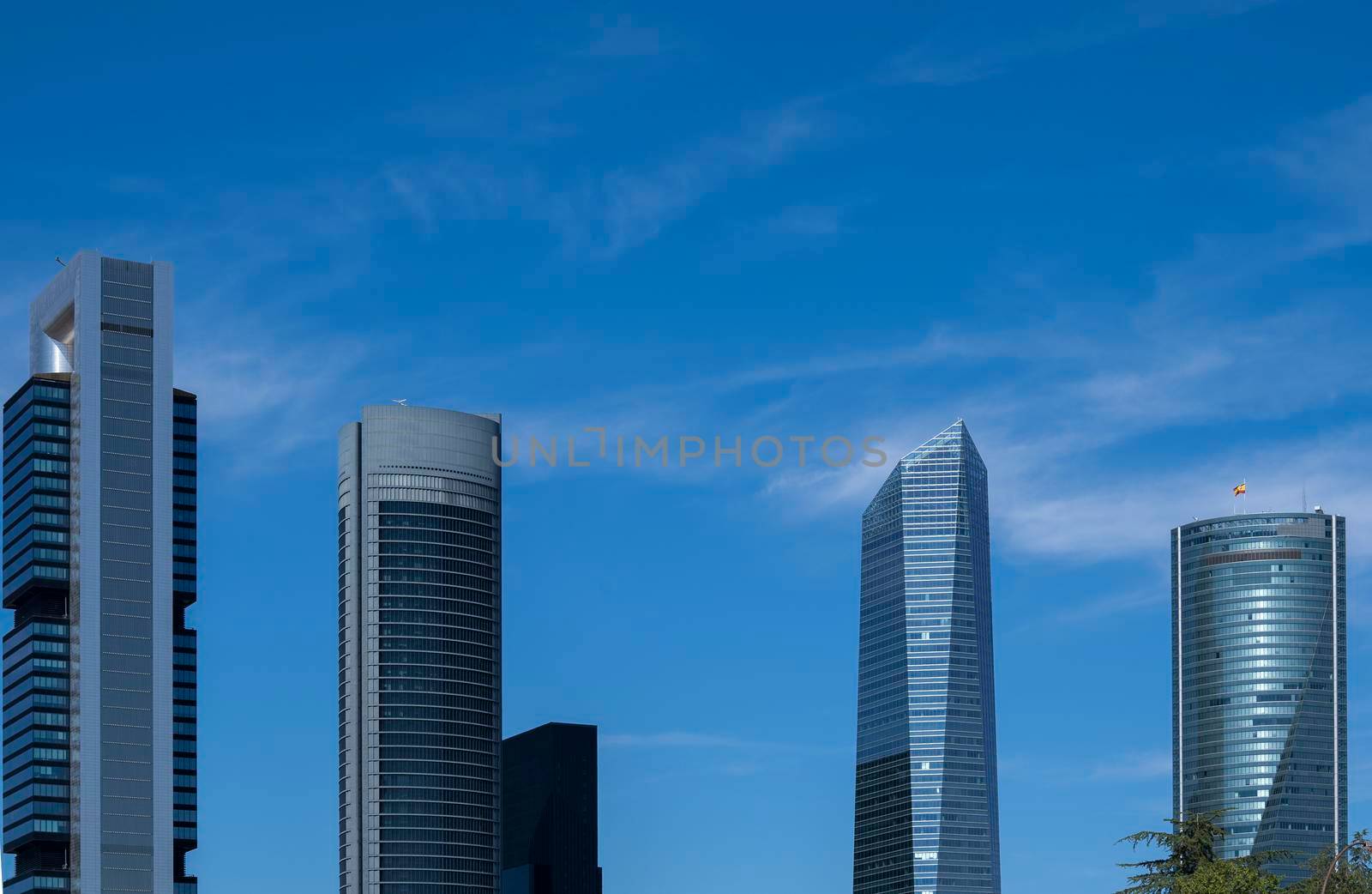 Four towers skyscrapers finance area in Madrid, Spain. Copy space.
