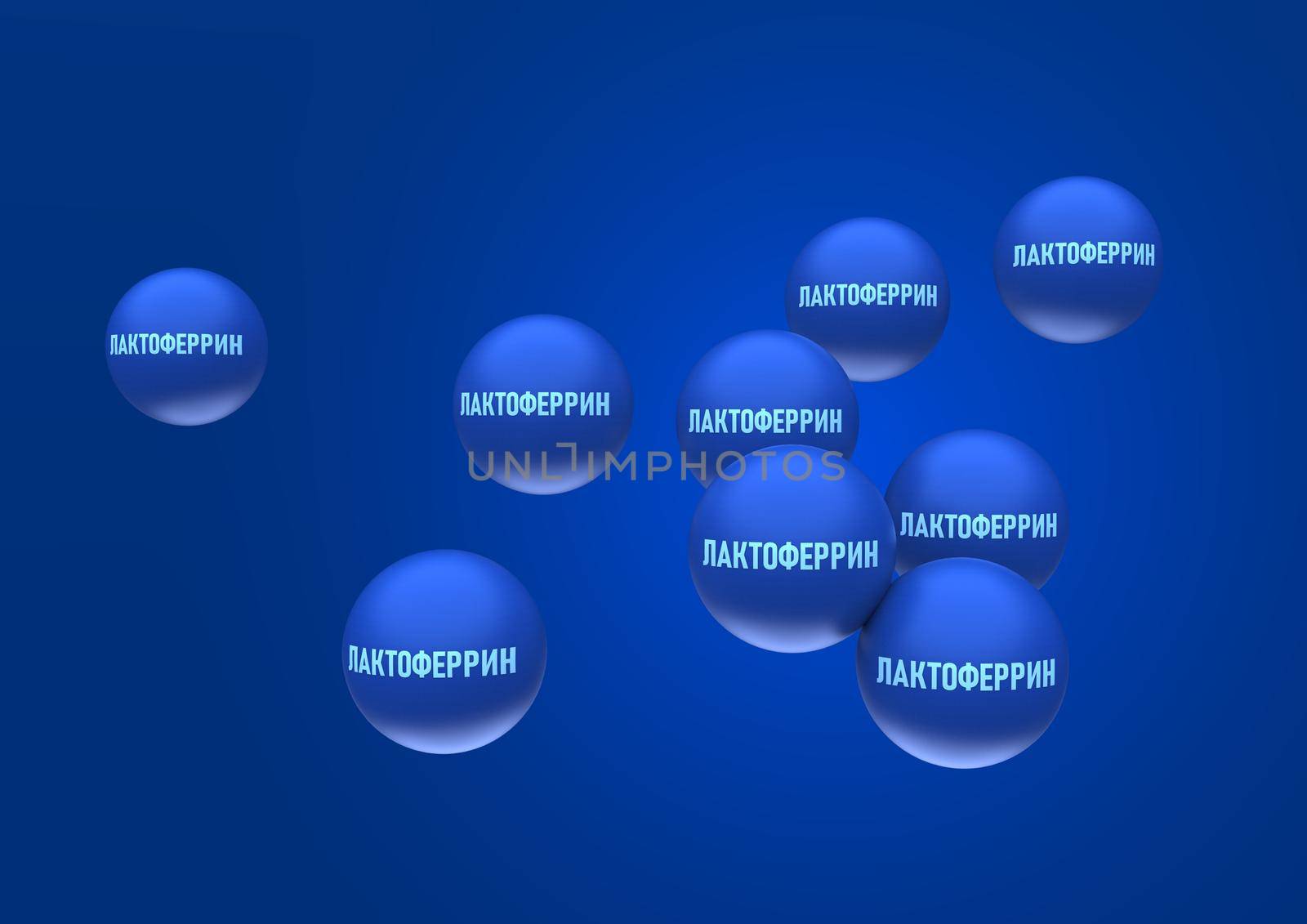 Abstract particles of lactoferrin in the form of blue balls with the cyrillic inscription lactoferrin on a blue background. 3d rendering illustration by clusterx