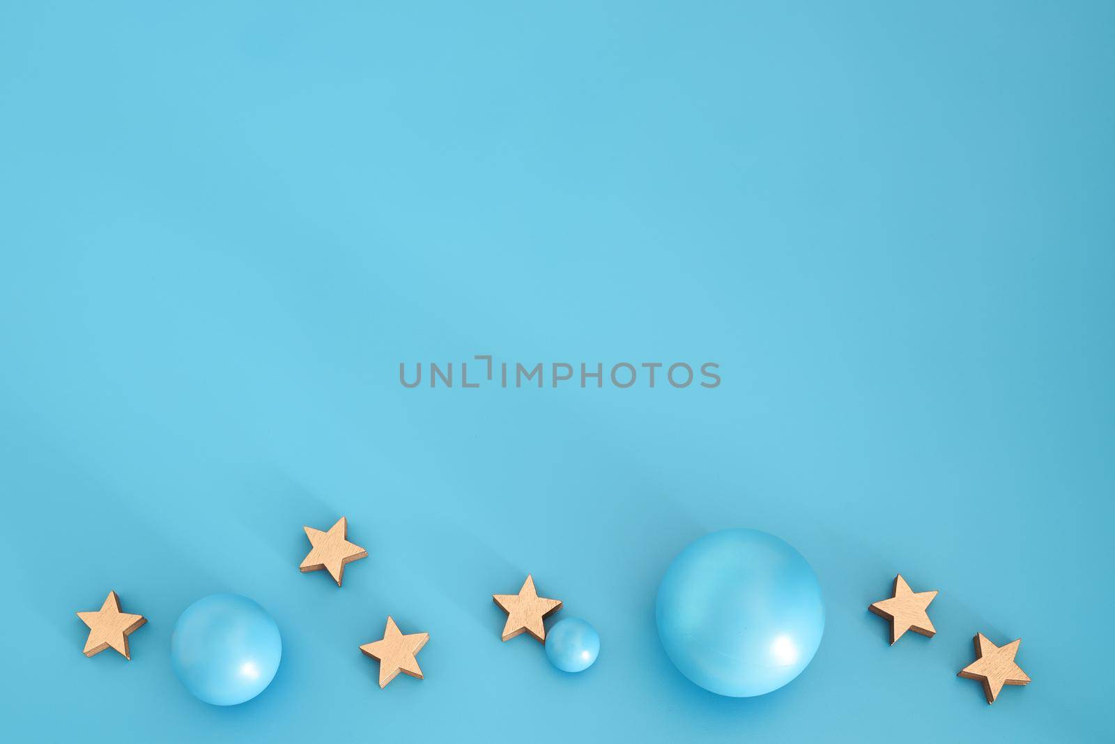 Blue Christmas composition with stars. Trendy Xmas background, mockup. Modern design. Free space for text, copy space. Flat lay, top view. by creativebird